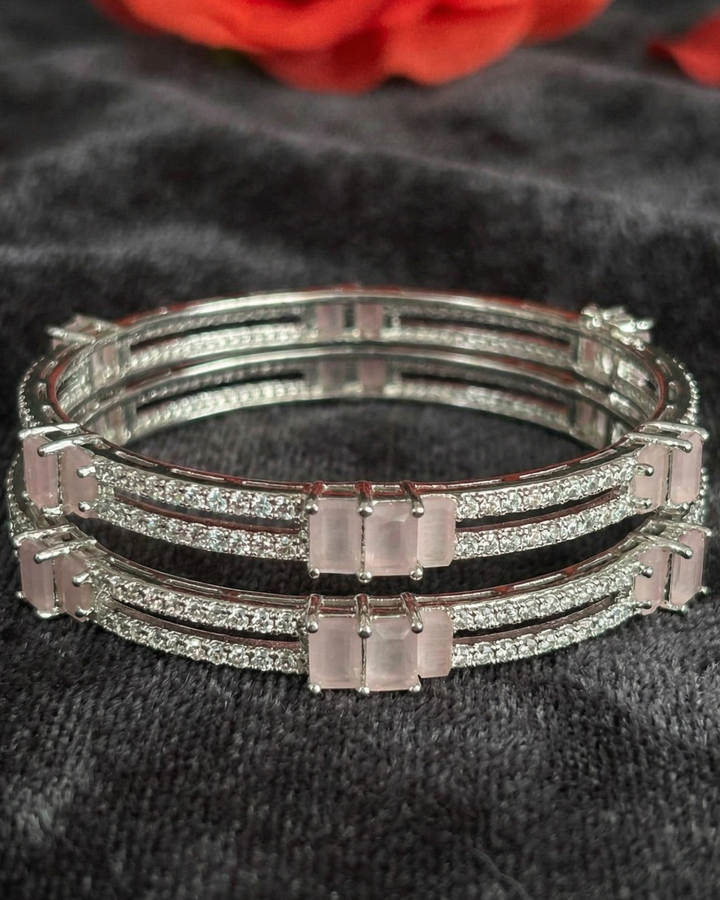 Premium Sparkle Design Soft Pink Rectangle Diamond Bangles Pair Silver Tone