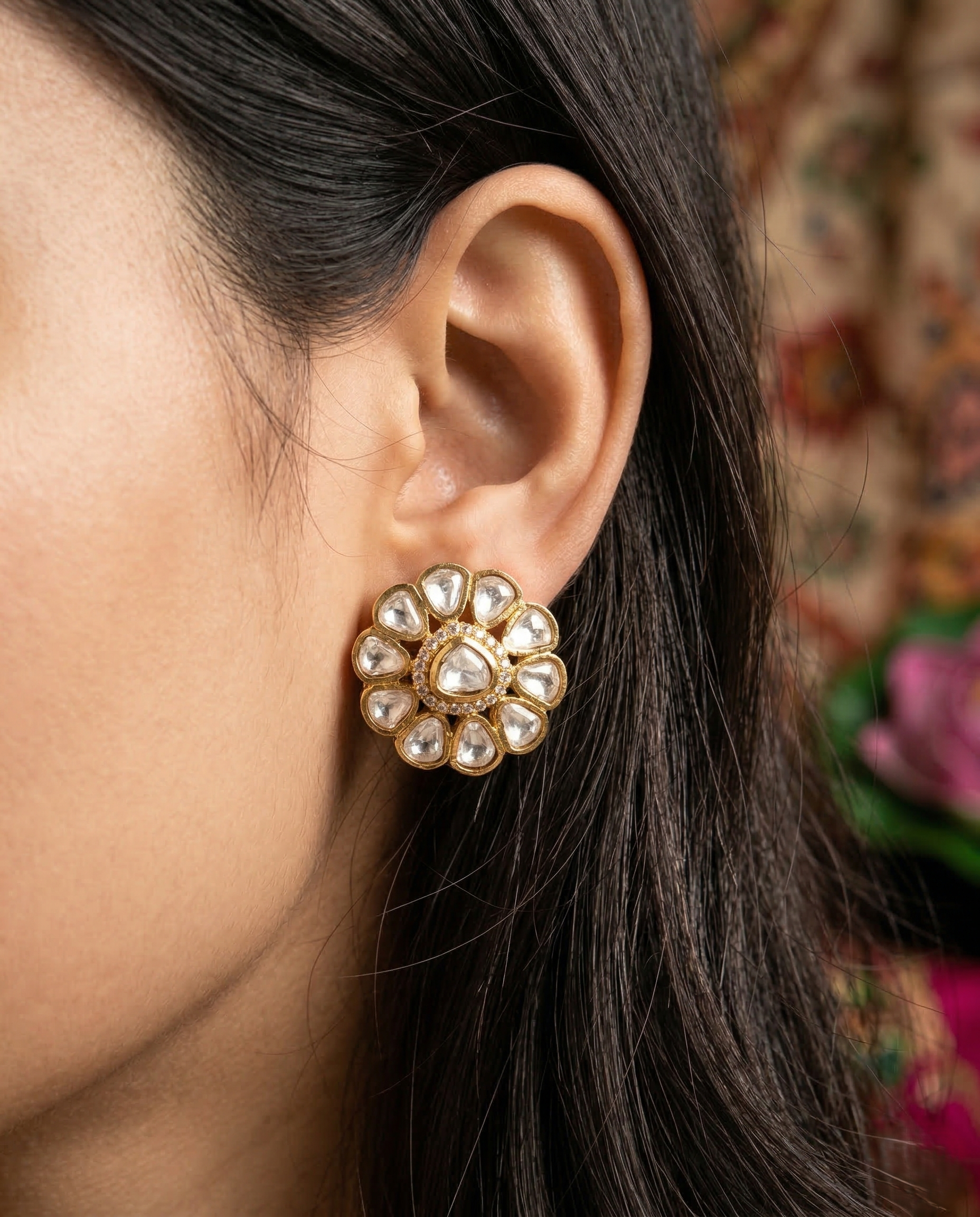 Trendy Floral Kundan Stud Earrings Premium Gold Plated for Women