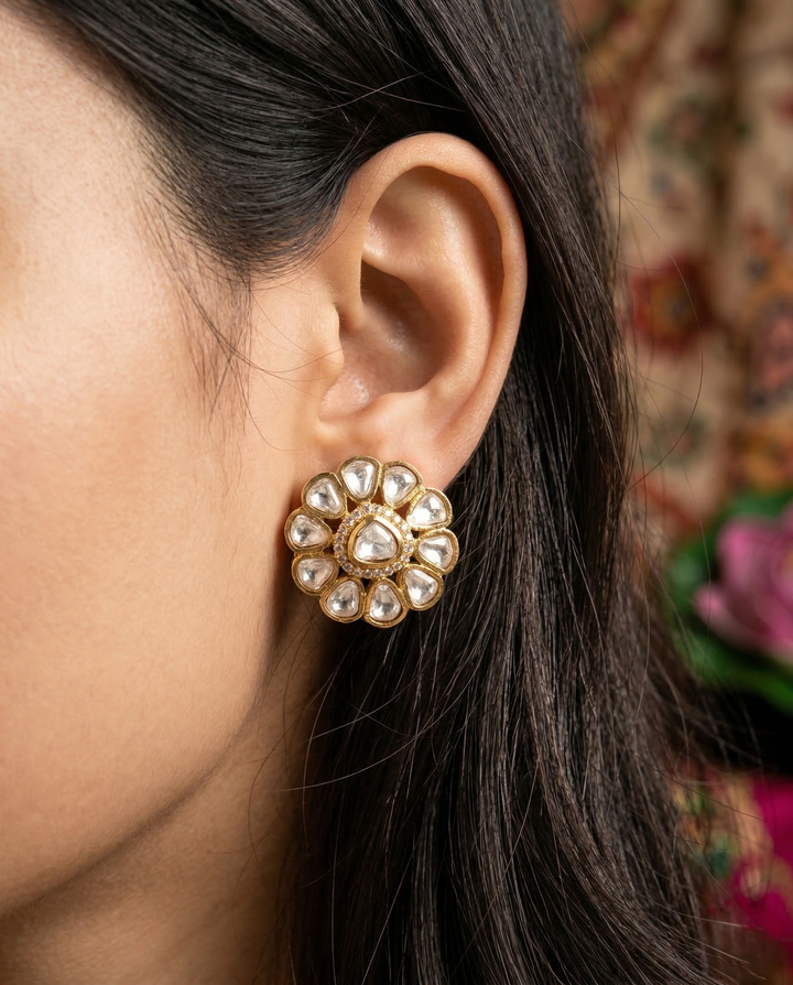 Trendy Floral Kundan Stud Earrings Premium Gold Plated for Women