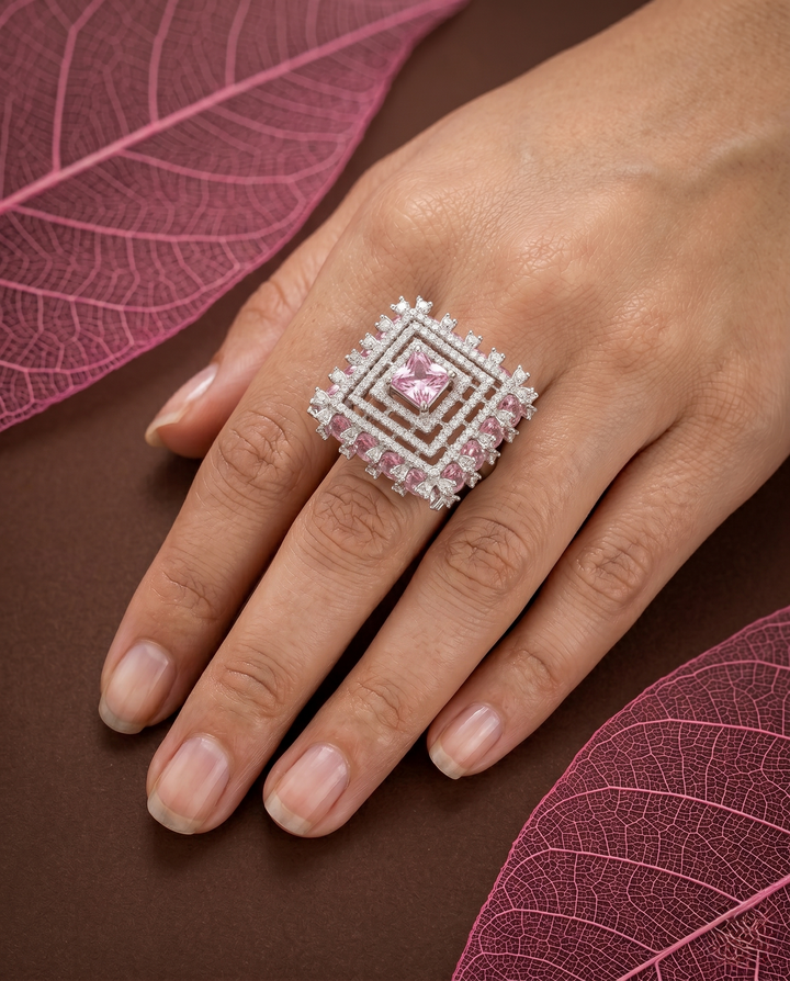 Luxury Cocktail Adjustable Ring – Silver Plated Pink Stone Statement Ring