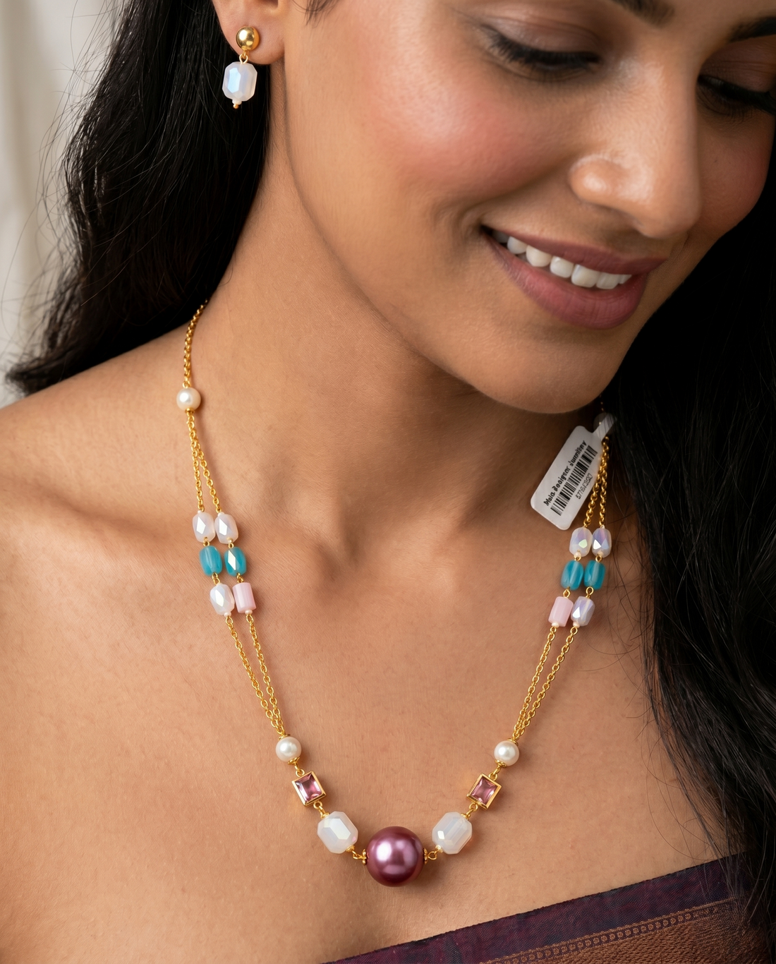 Handmade Pearl, Opal Crystal & Pastel Bead Mala Necklace Set with Faceted Crystal Earrings