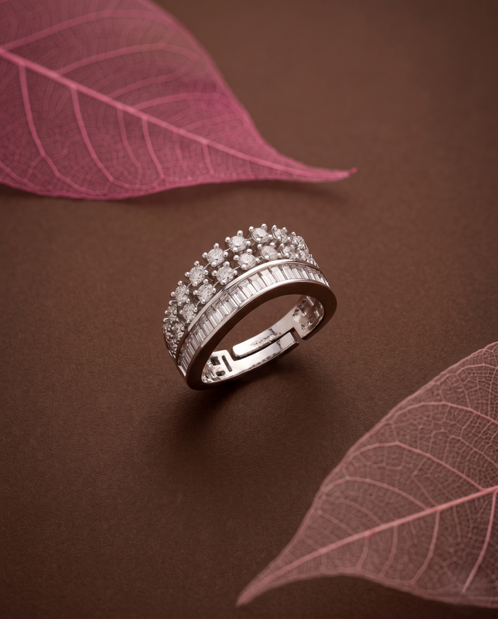 Diamond Style Adjustable Band Ring – Silver Plated Layered Statement Ring