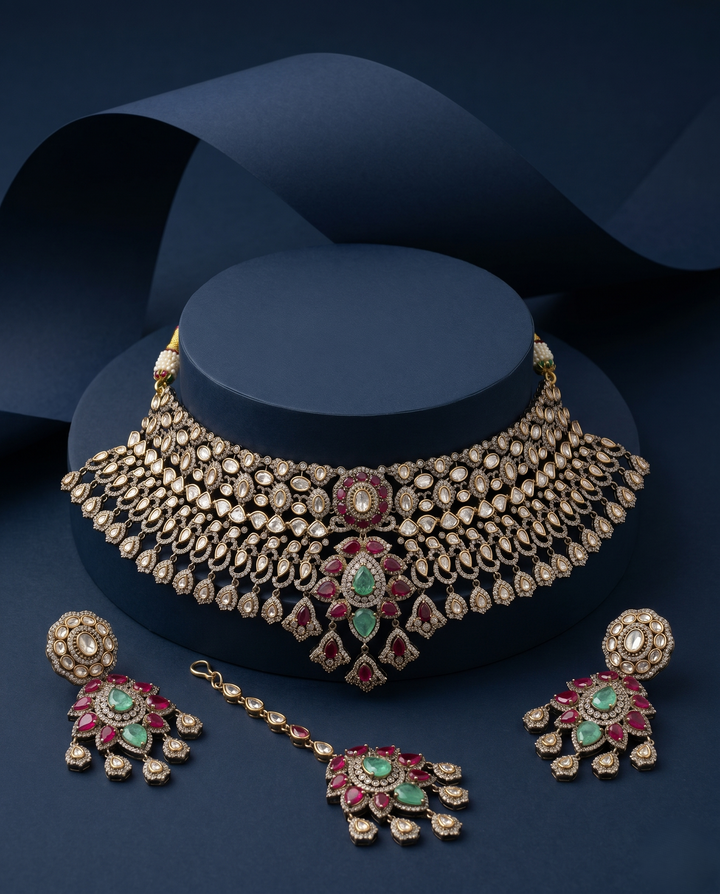 Noorza Ruby Emerald Moissanite Choker Set with Earrings