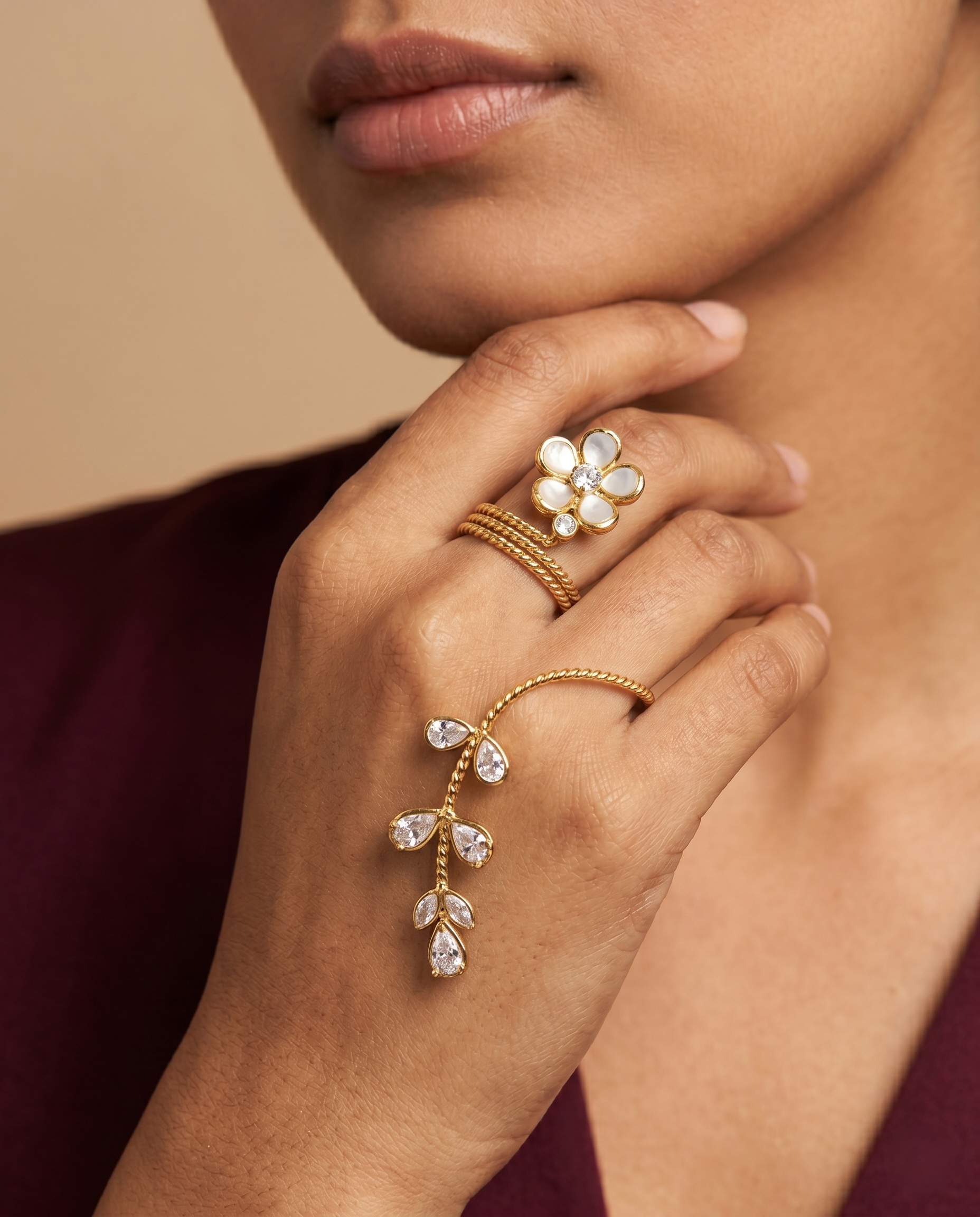 Premium Floral Chain Statement Ring – Gold & Silver Finish