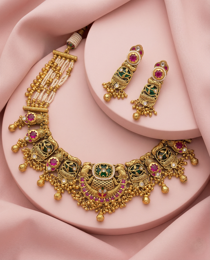 Traditional Gold Finish Pearl Necklace Set with Green Enamel & Pink Stone Work