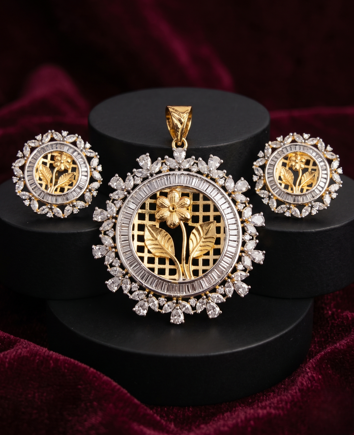 Pushpika Floral Diamond Pendant Set with Stud Earrings