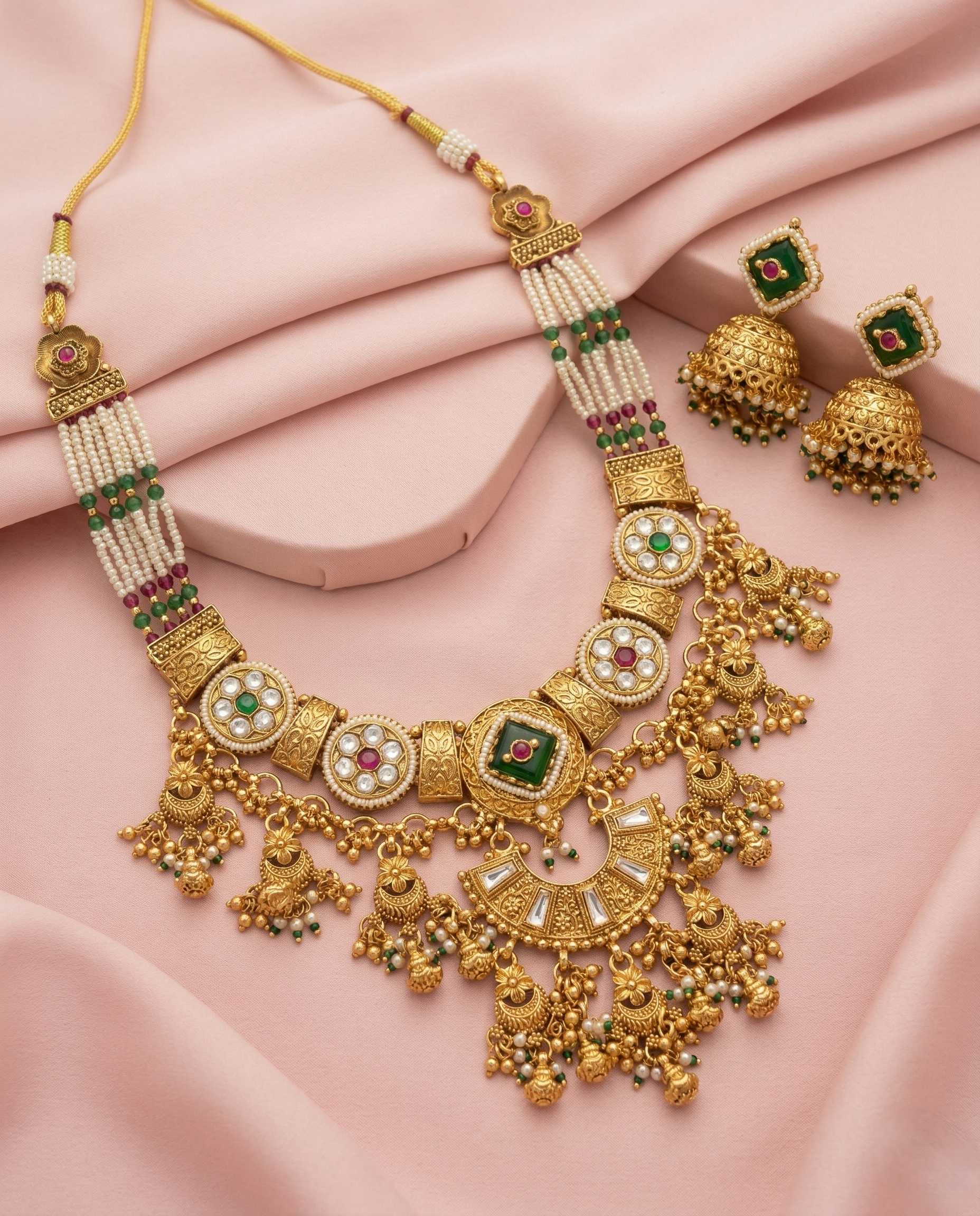 Antique Gold Kundan Pearl Necklace Set with Green Enamel & Jhumka Earrings