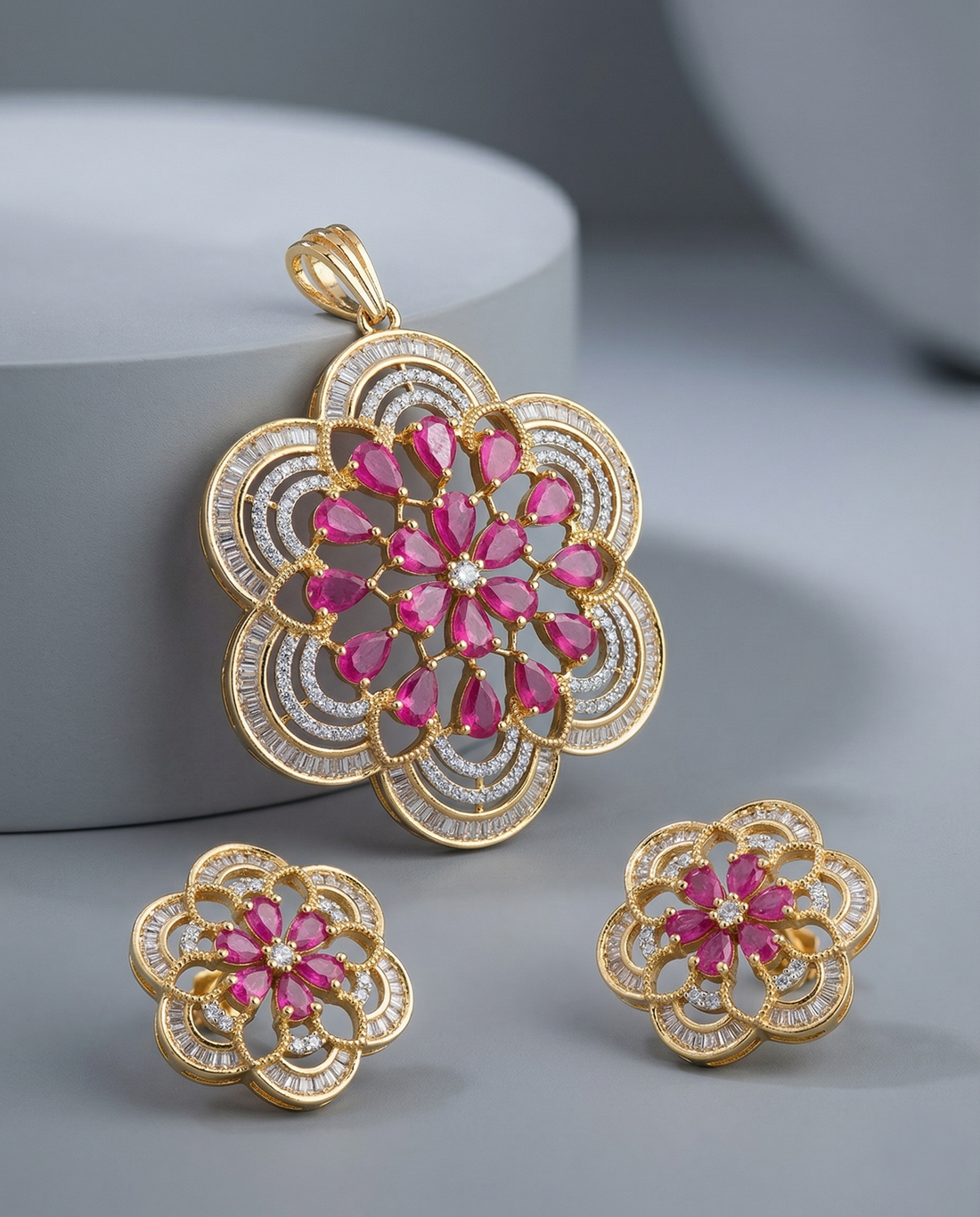 Premium Ruby Pink Floral Pendant Set in Gold Tone