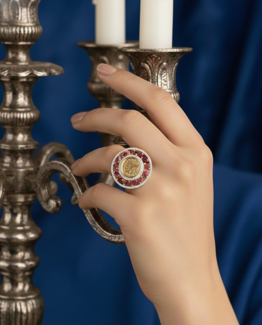 Adjustable Coin Design Statement Ring for Women – Gold & Ruby Finish