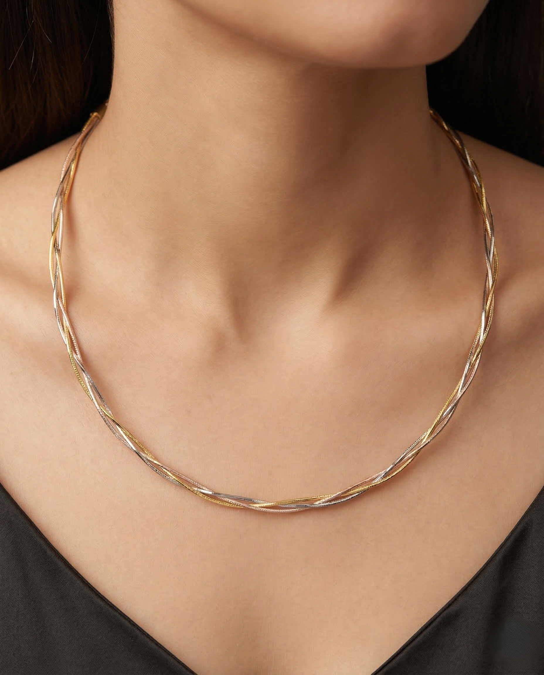 Three Tone Braided Hasli Chain Necklace | Gold Silver Rose Gold Twist Chain for Women