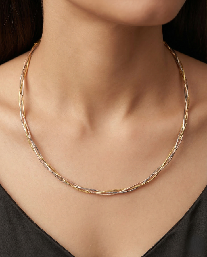Three Tone Braided Hasli Chain Necklace | Gold Silver Rose Gold Twist Chain for Women