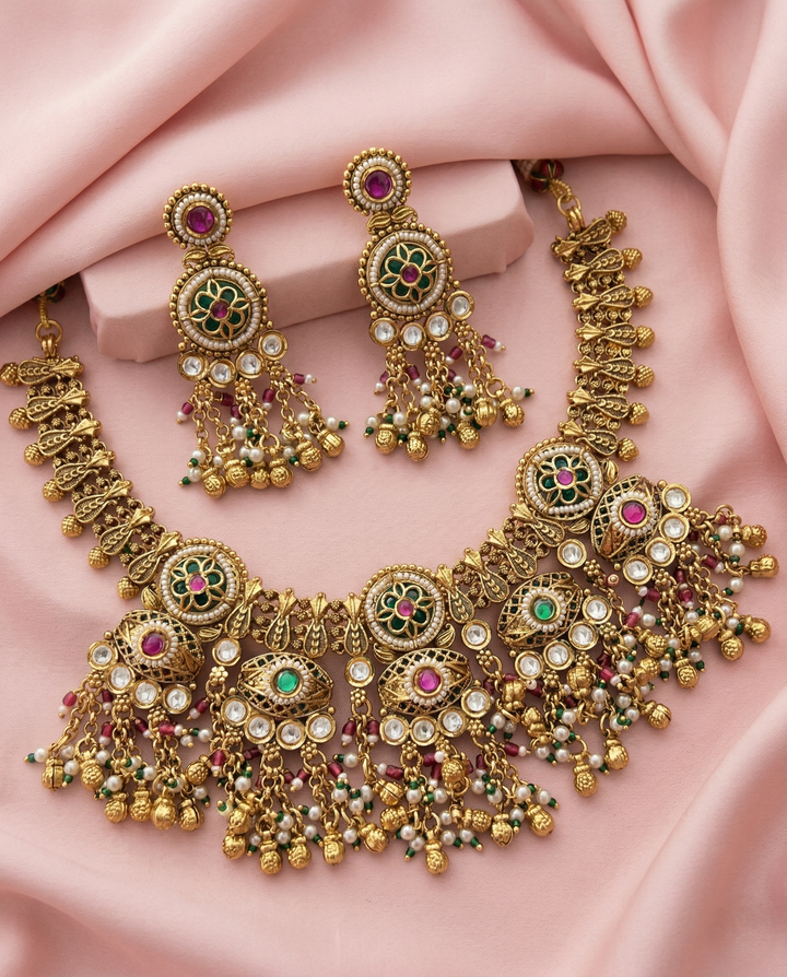 Traditional Gold Finish Temple Necklace Set with Green Enamel, Pink Stones & Pearl Drops