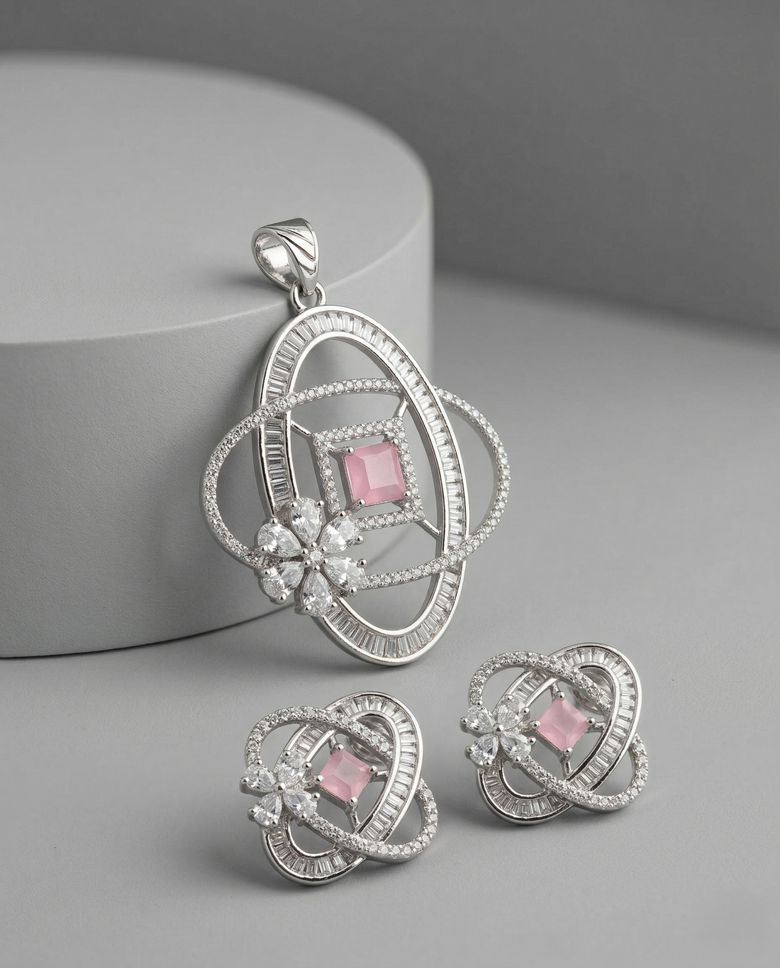 Premium Blush Pink Crystal Orbit Pendant Set in Silver Tone