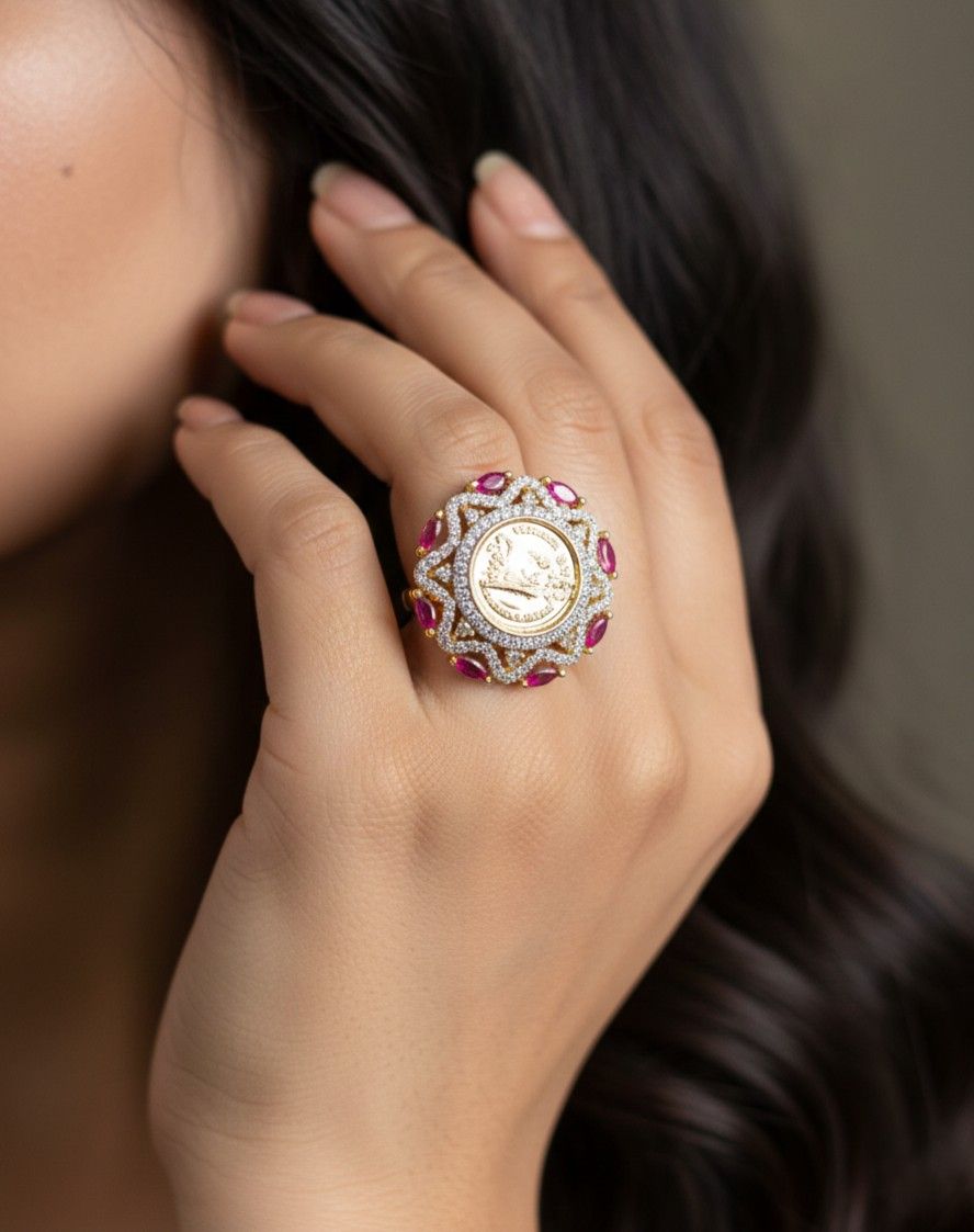 Royal Coin Halo Adjustable Diamond Finish Ring for Women