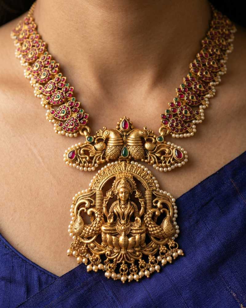 Antique Gold Lakshmi Peacock Temple Necklace Set with Ruby Green Stones and Jhumka Earrings