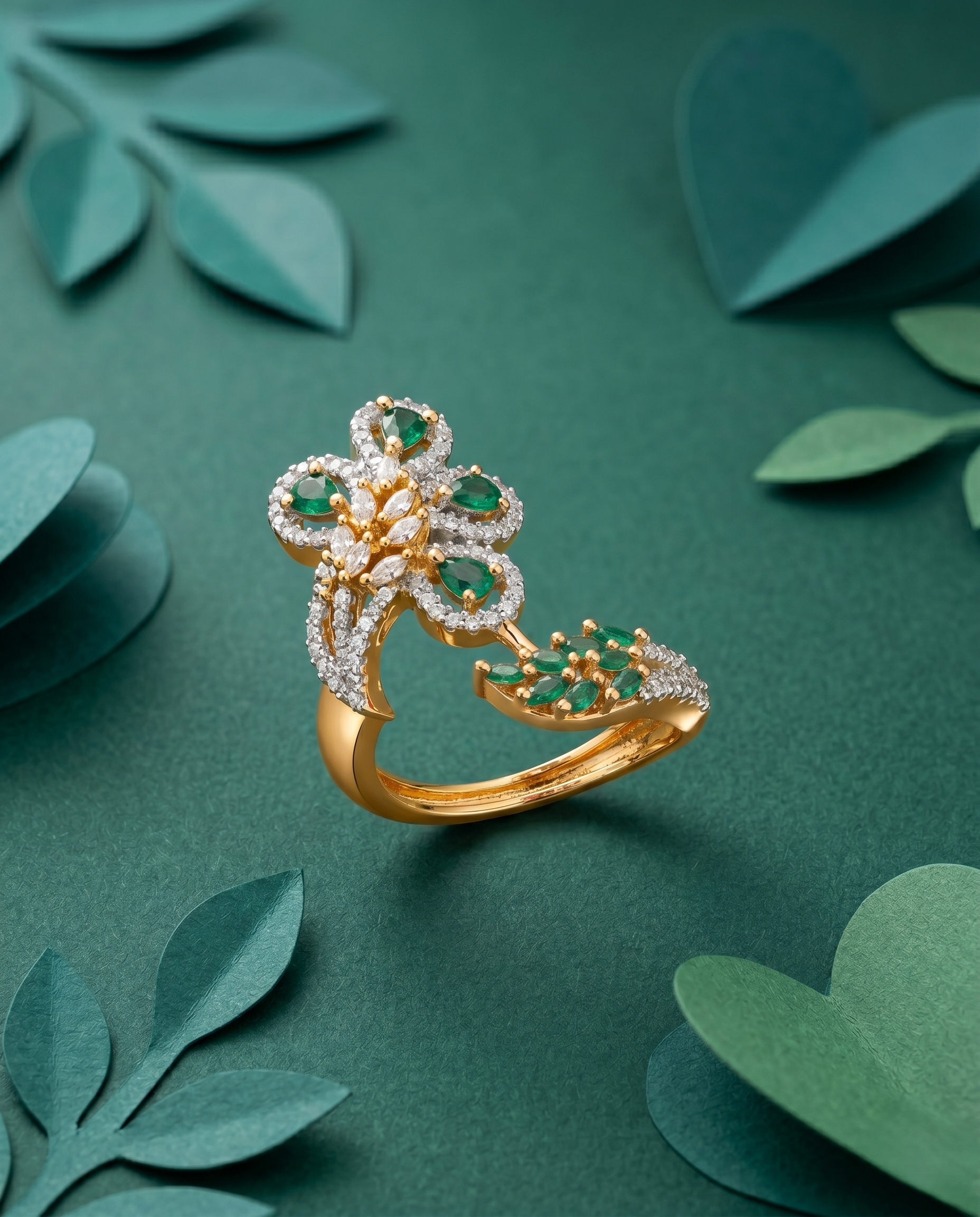 Royal Floral Stone Gold Plated Adjustable Ring (Ruby Red, Diamond White, Emerald Green)
