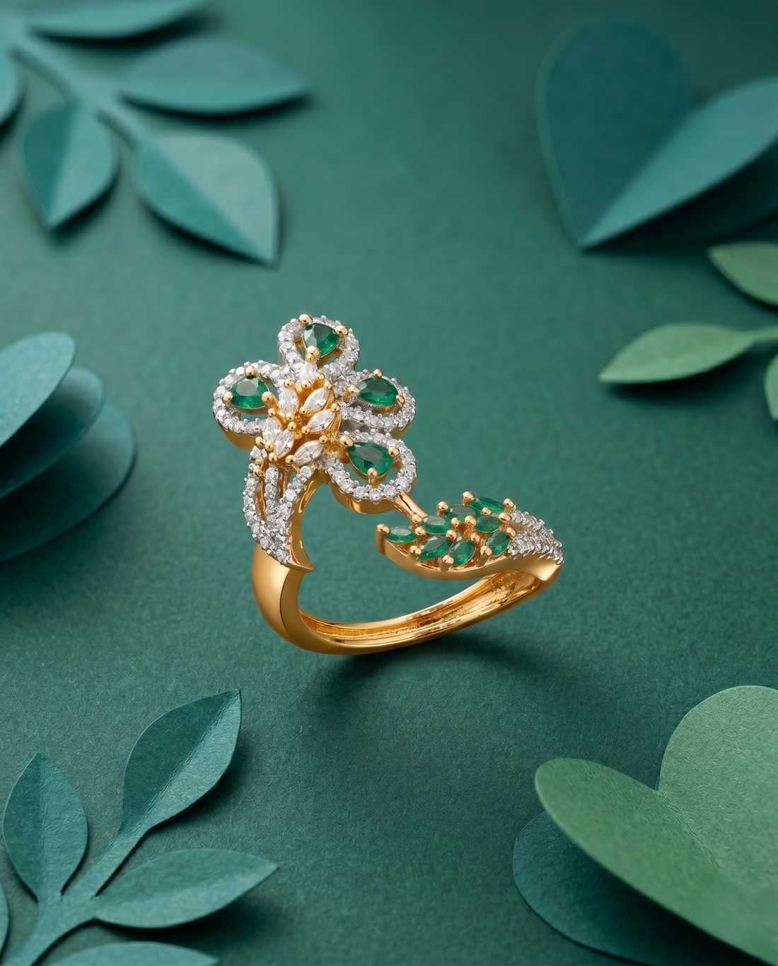 Royal Floral Stone Gold Plated Adjustable Ring (Ruby Red, Diamond White, Emerald Green)
