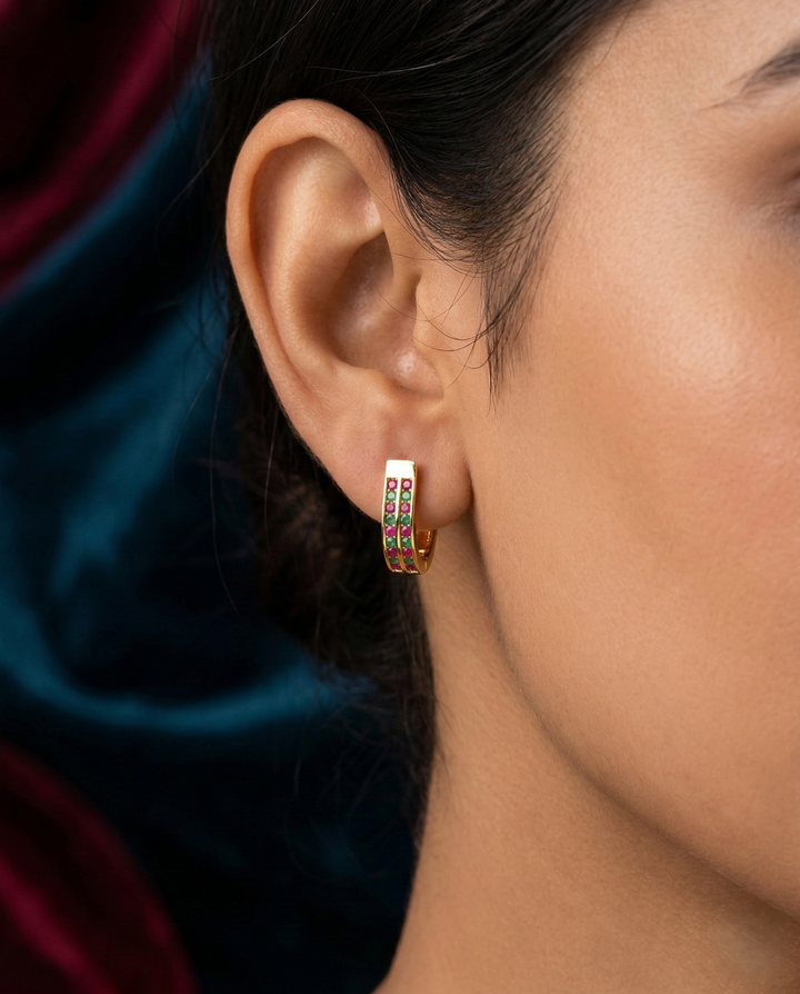 Ruby Emerald Green CZ Hoop Earrings – Gold Finish