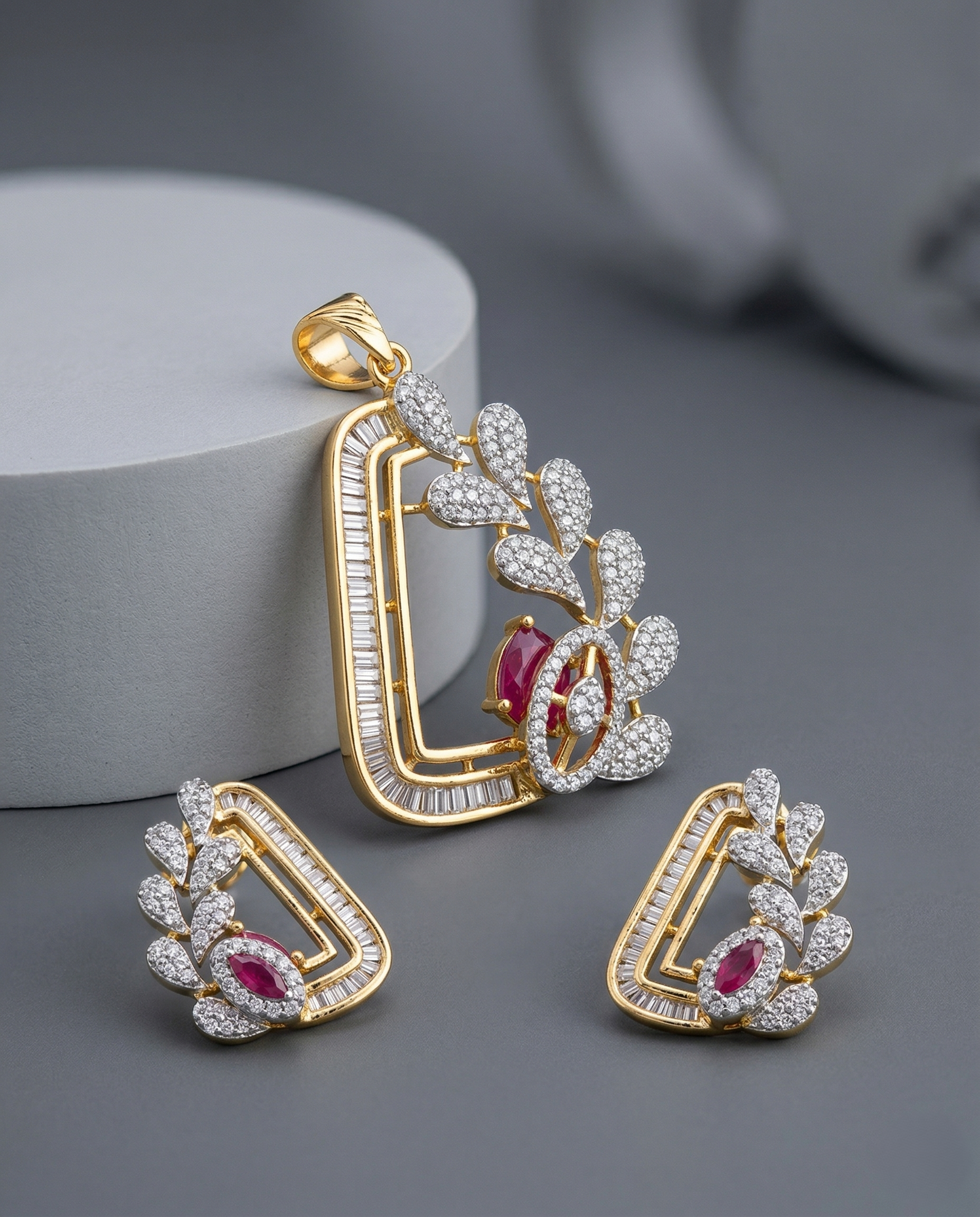 Premium Ruby Pink Geometric Designer Pendant Set in Gold Tone