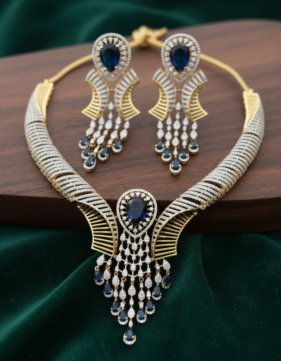 Blue Sapphire Style Gold Finish Necklace Set with Matching Earrings