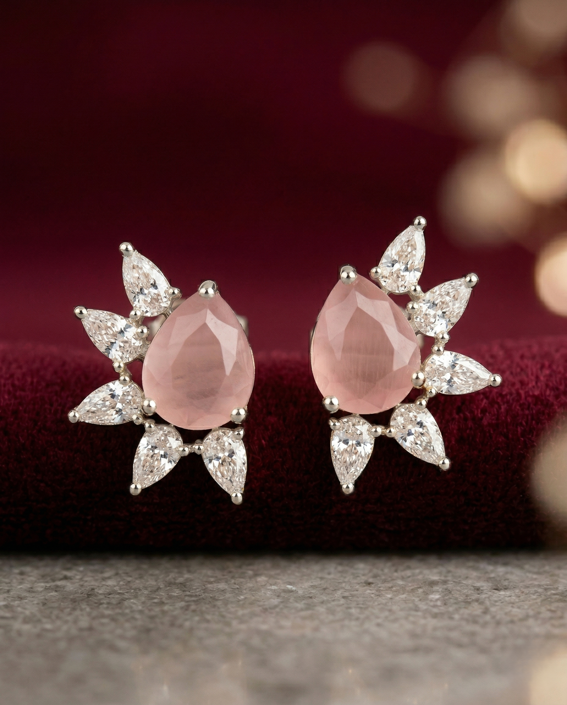 Celestia Bloom Studs – Pear Stone Diamond Floral Earrings (Multi Color Variants) - Silver Plated