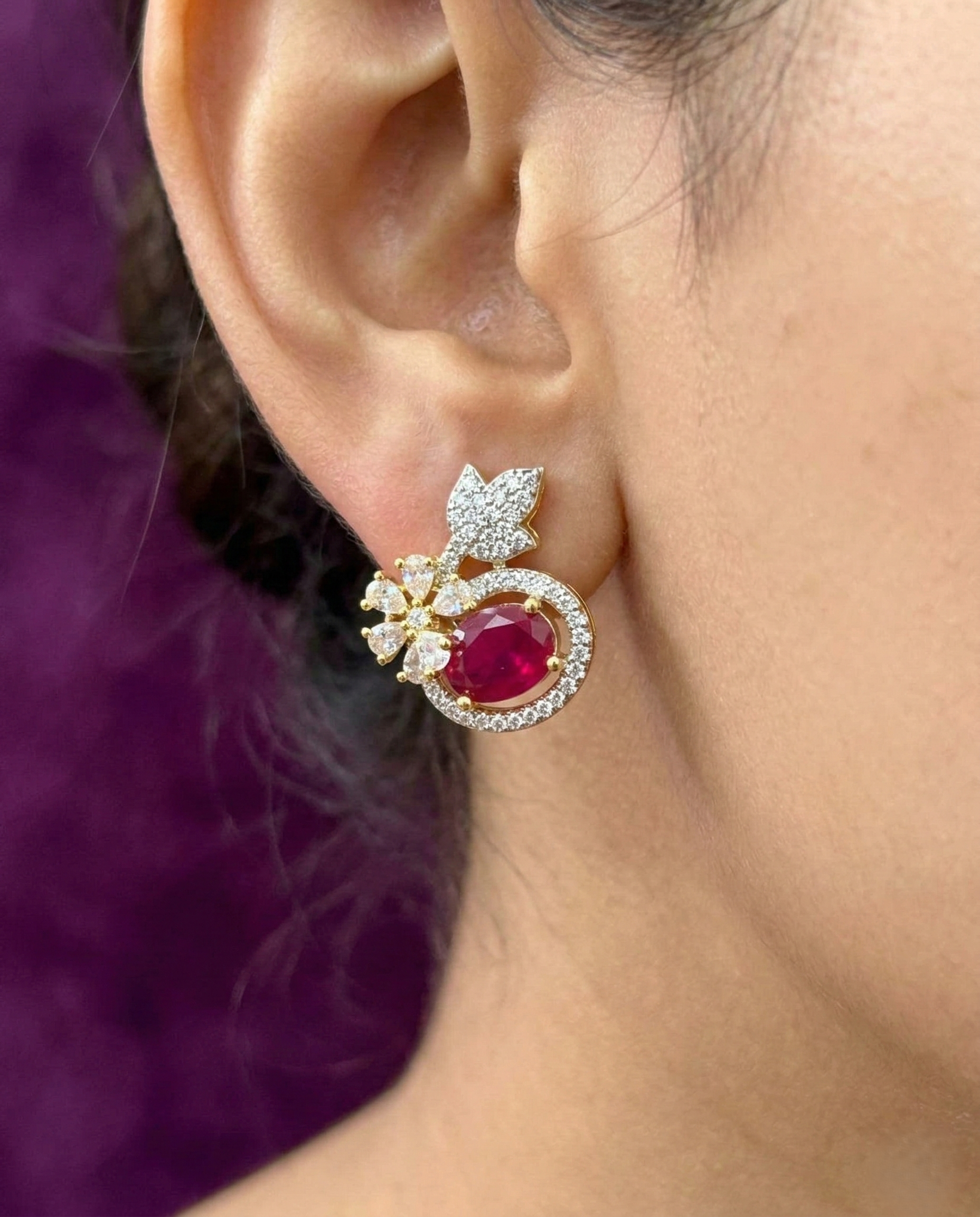 Butterfly Floral CZ Designer Stud Earrings – Gold Finish | White, Green, Blue & Ruby