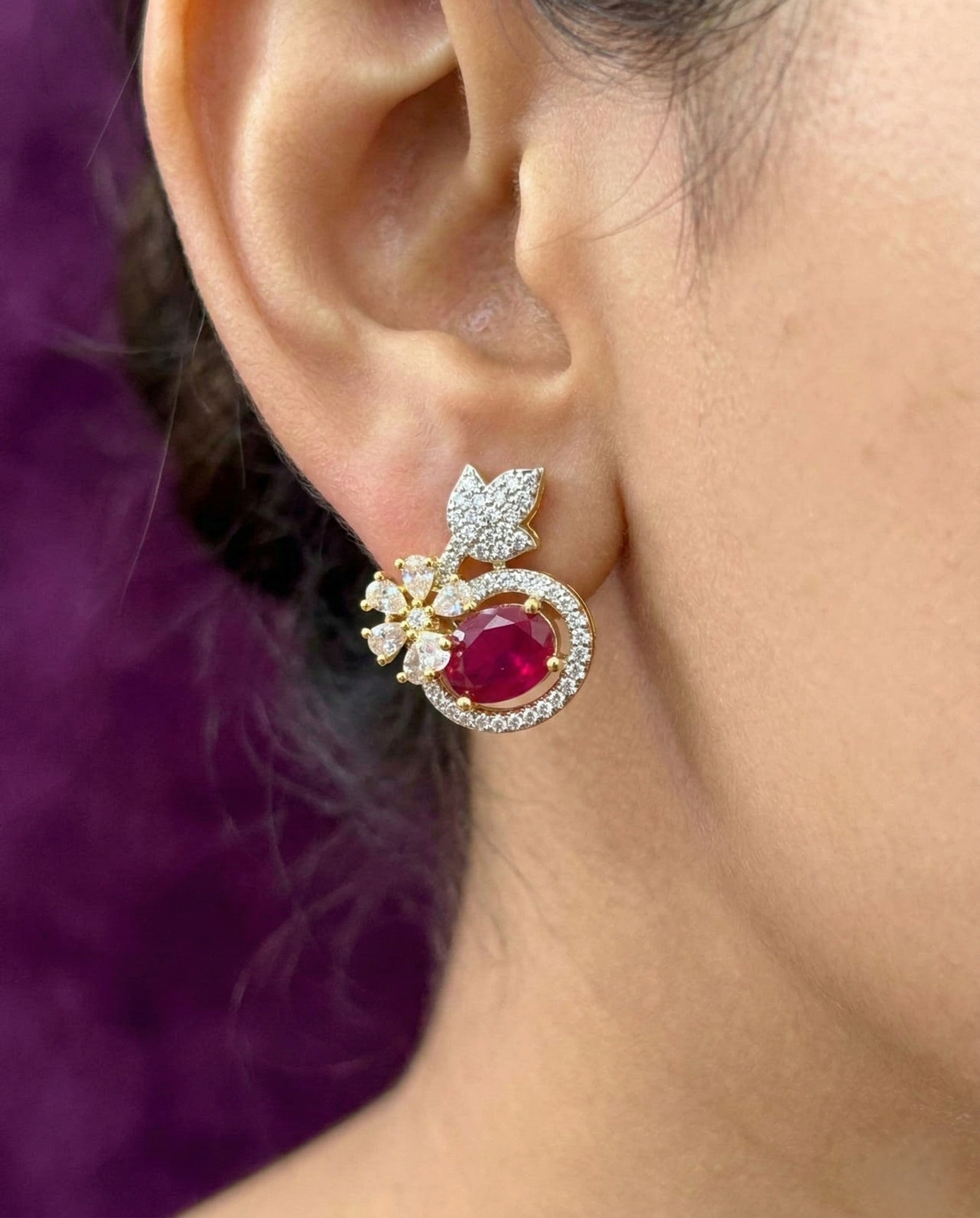 Butterfly Floral CZ Designer Stud Earrings – Gold Finish | White, Green, Blue & Ruby