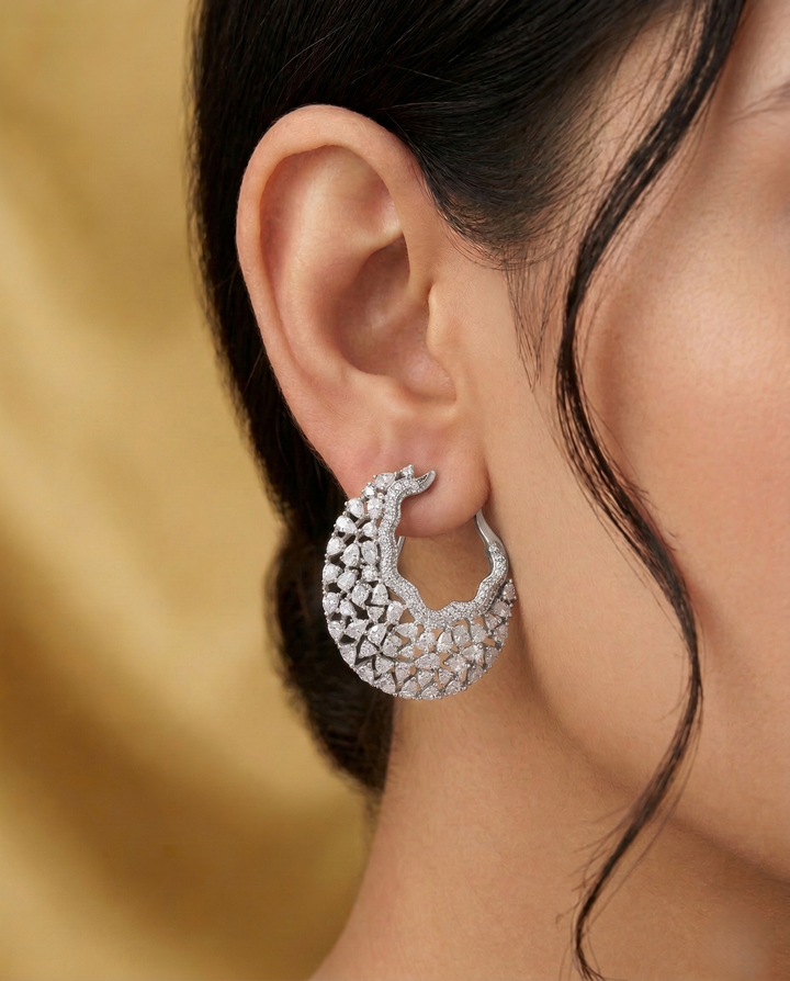Luxury CZ Cluster Statement Hoop Earrings – Gold & Silver Finish