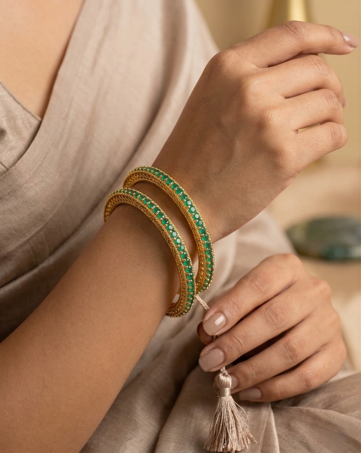 Emerald Green Stone Bangles Pair Gold Tone Slim Design