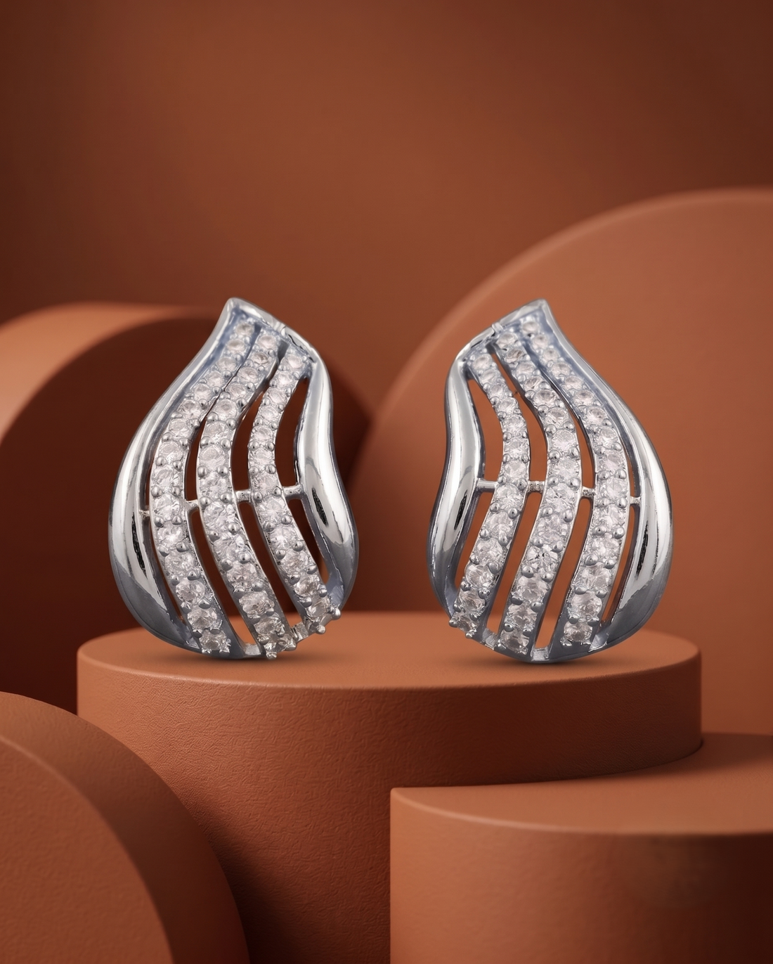 Premium Aurelia Wave Studs – Diamond Curve Earrings in Gold & Silver Finish