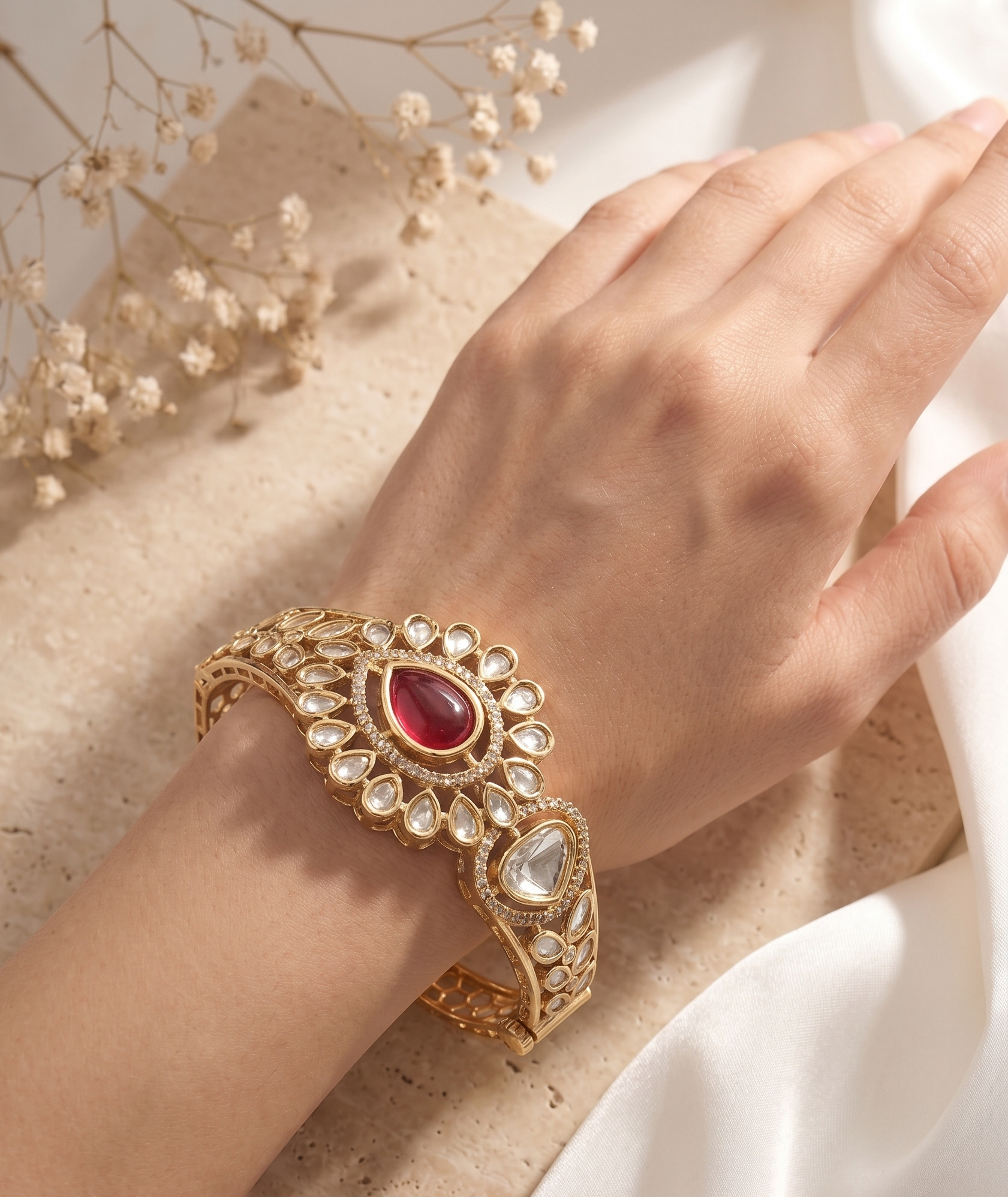 Noorika Kundan Royale   Traditional Polki Style Openable  Bracelet for Women