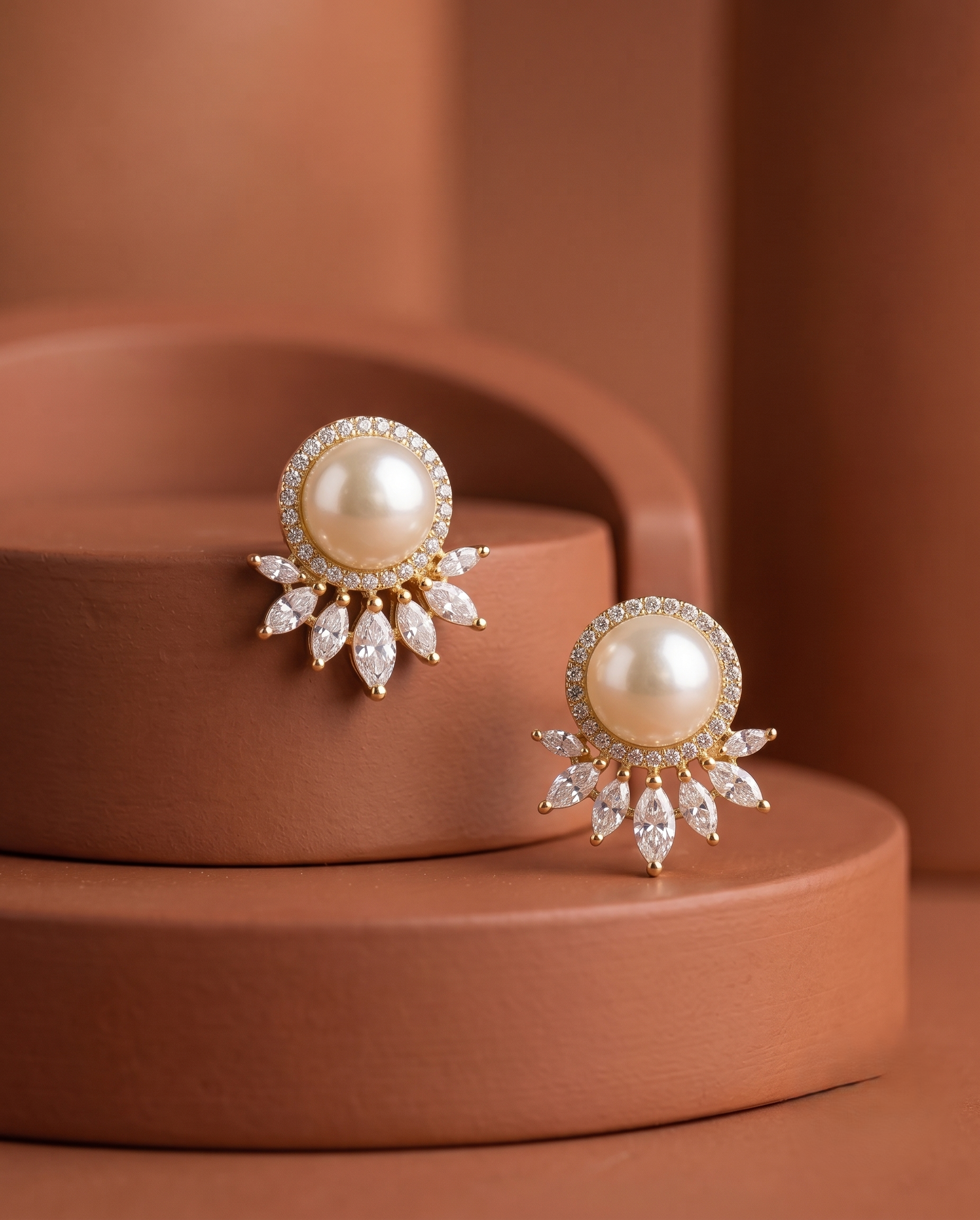 Lunara Crown Pearl Studs – Pearl Diamond Halo Earrings with Floral Drop Design