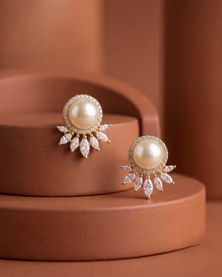 Lunara Crown Pearl Studs – Pearl Diamond Halo Earrings with Floral Drop Design