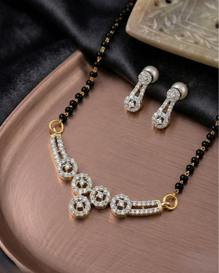 Linked Circle Diamond-Style Mangalsutra with Black Bead Chain & Stud Earrings