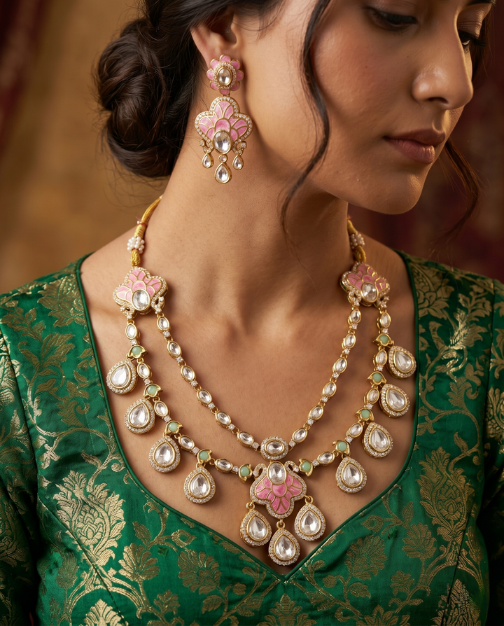 Pink Meenakari Kundan Necklace Set with Earrings – Royal Bridal Jewellery