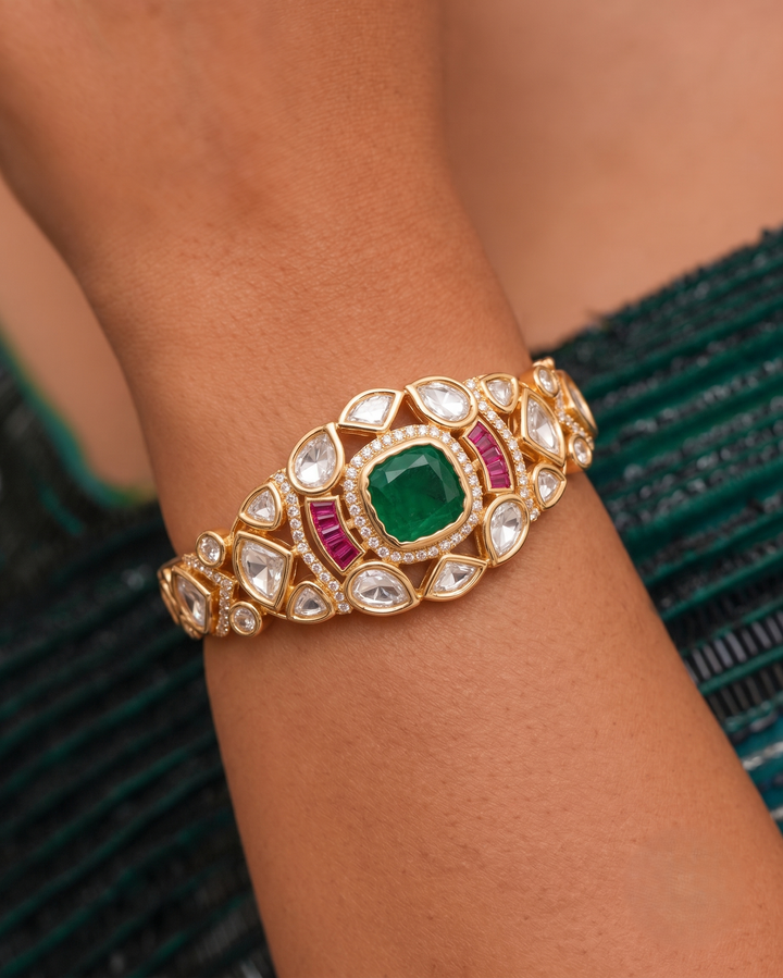 Royal Ruby Kundan Statement Openable Gold Plated Bracelet with Emerald Accents