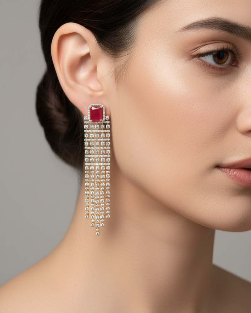 Red Stone Gold Finish Long Tassel Earrings