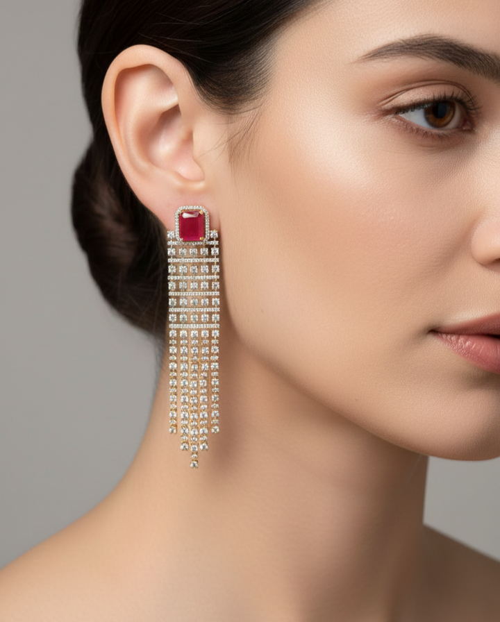 Red Stone Gold Finish Long Tassel Earrings