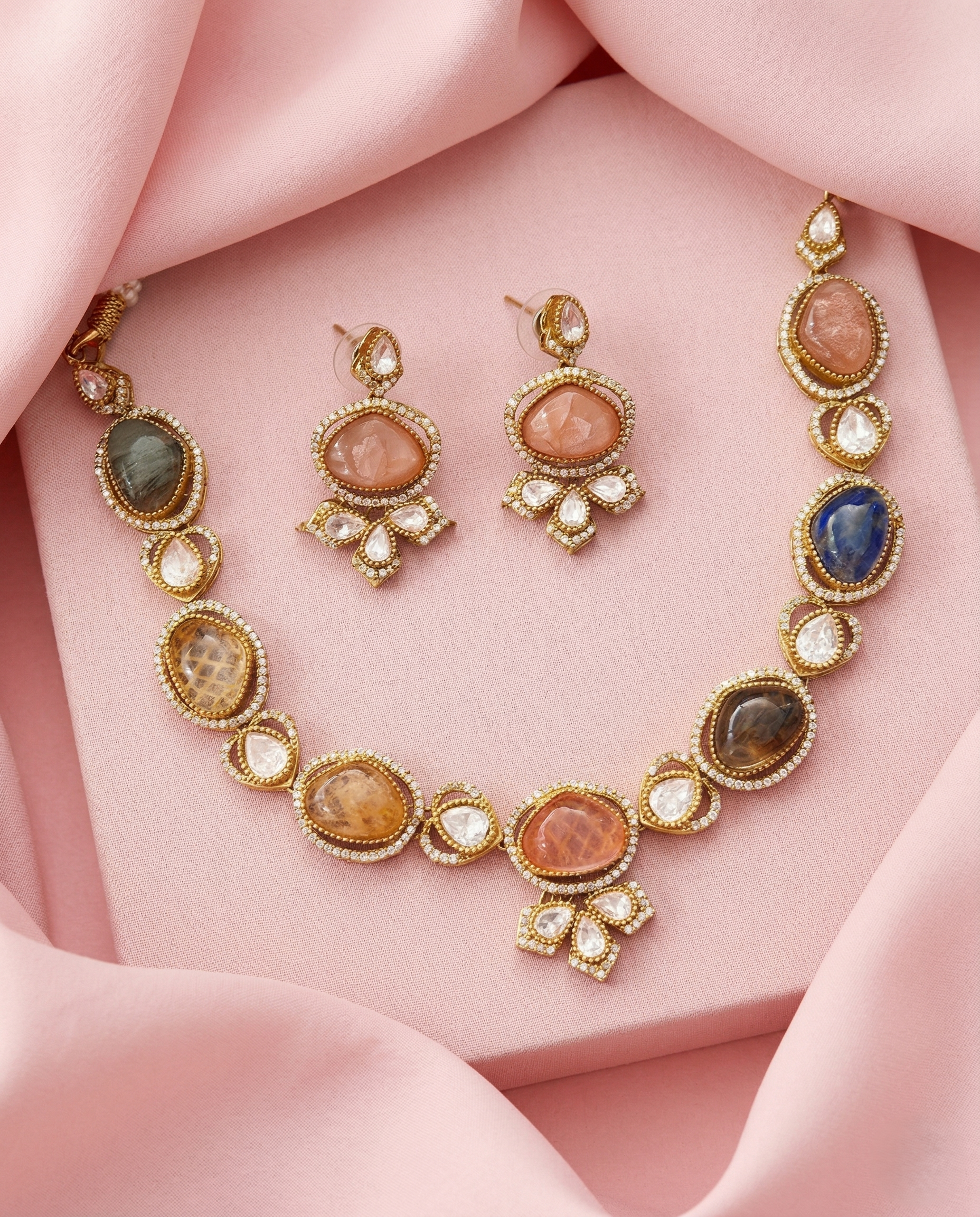 Premium Earth Tone Multicolor Stone Designer Necklace Set with Earrings