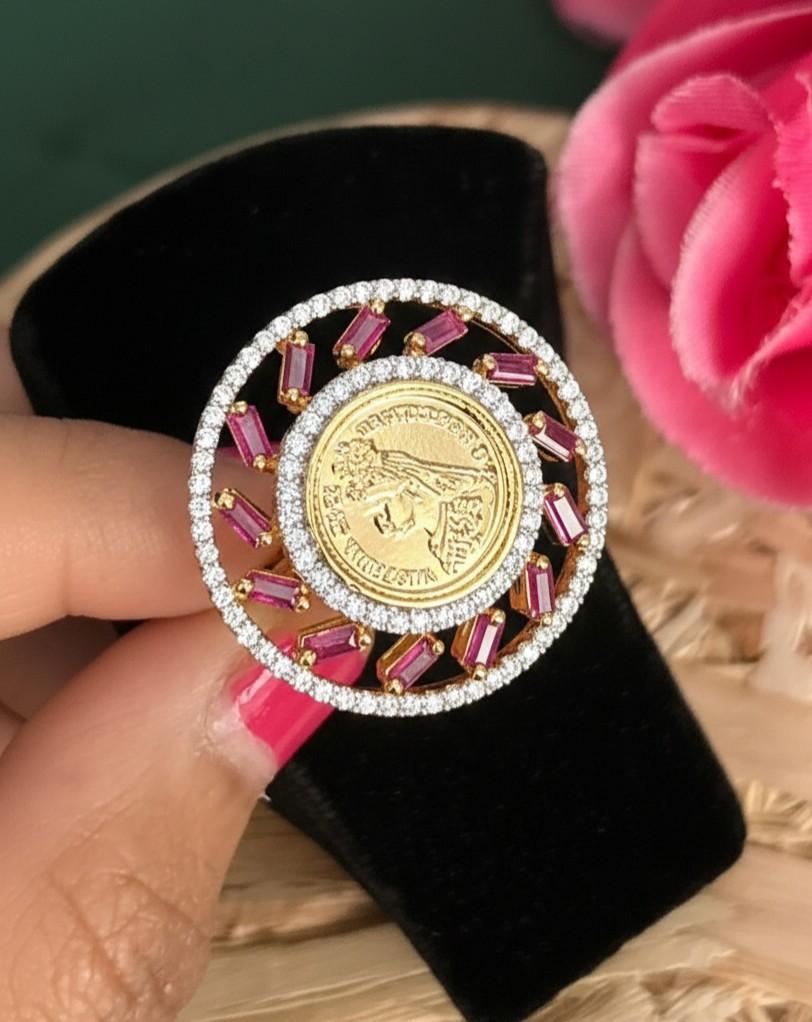 Adjustable Coin Design Statement Ring for Women – Gold & Ruby Finish