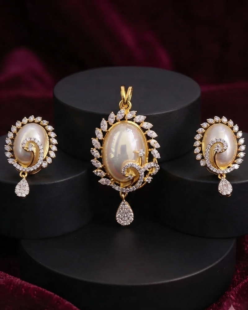 Aarohi Mother of Pearl CZ Pendant Set with Earrings
