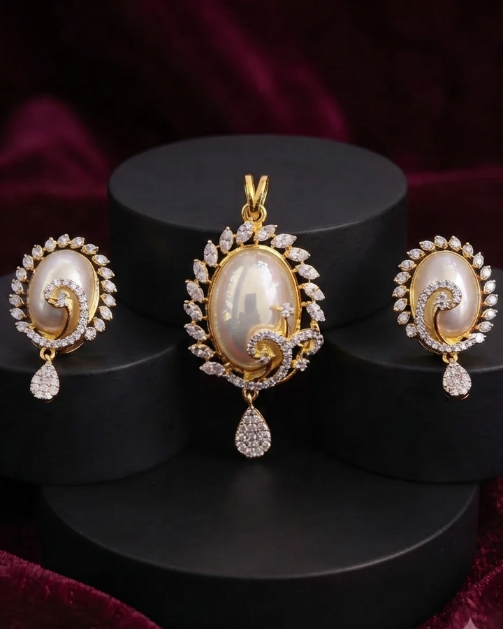 Aarohi Mother of Pearl CZ Pendant Set with Earrings