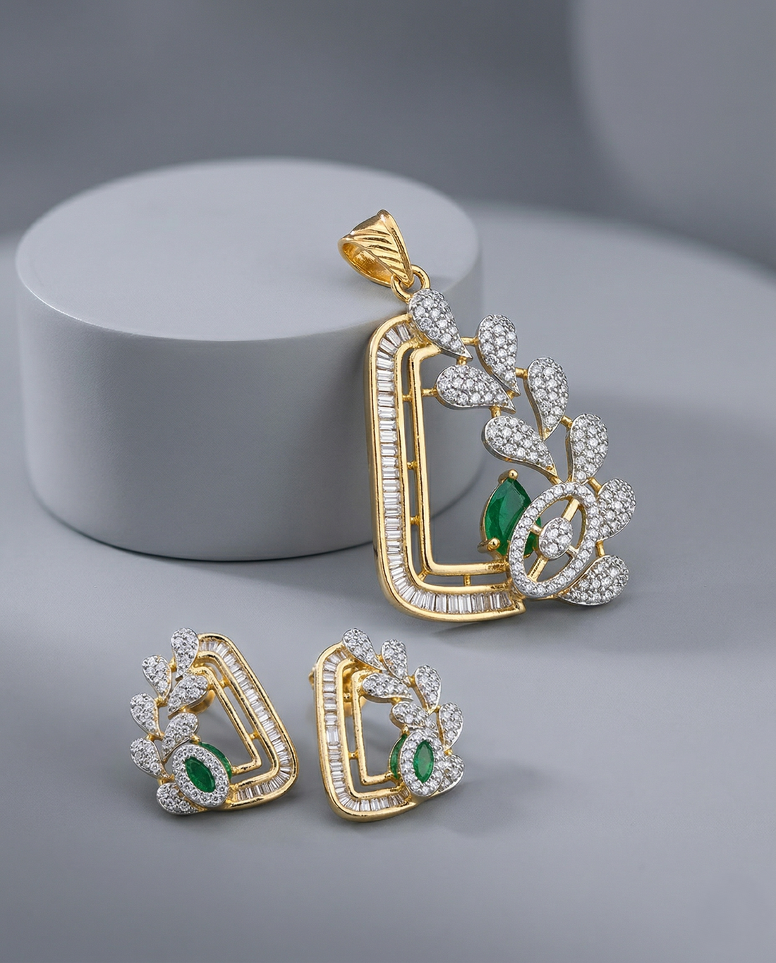Premium Emerald Floral Frame Pendant Set in Gold Plated Finish
