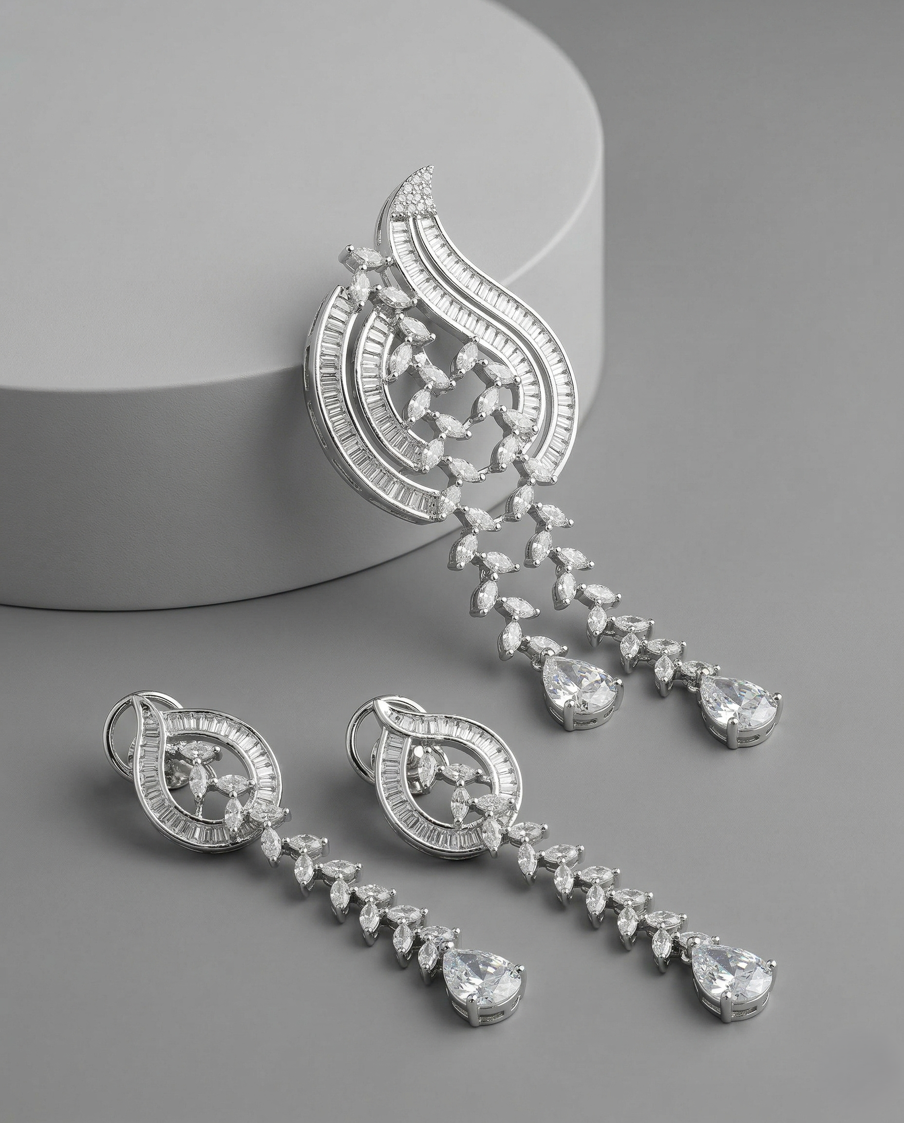 Premium White Crystal Drop Pendant Set in Silver Tone