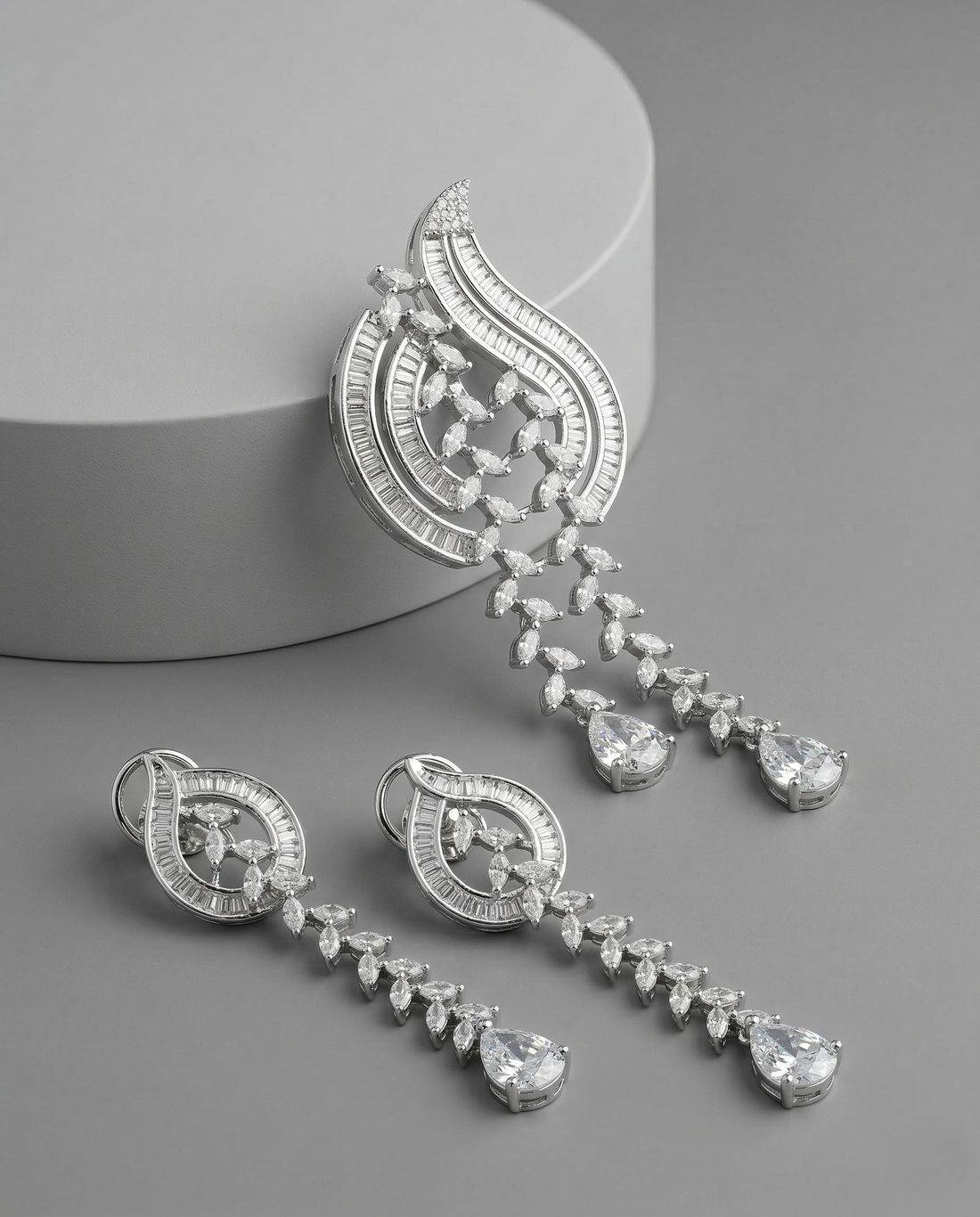Premium White Crystal Drop Pendant Set in Silver Tone