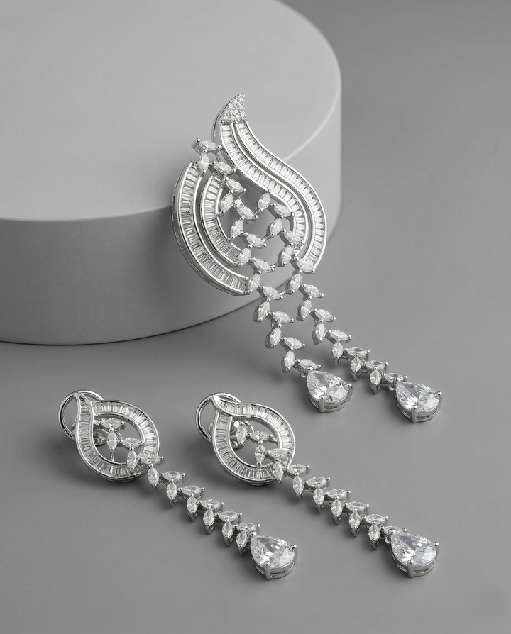 Premium White Crystal Drop Pendant Set in Silver Tone