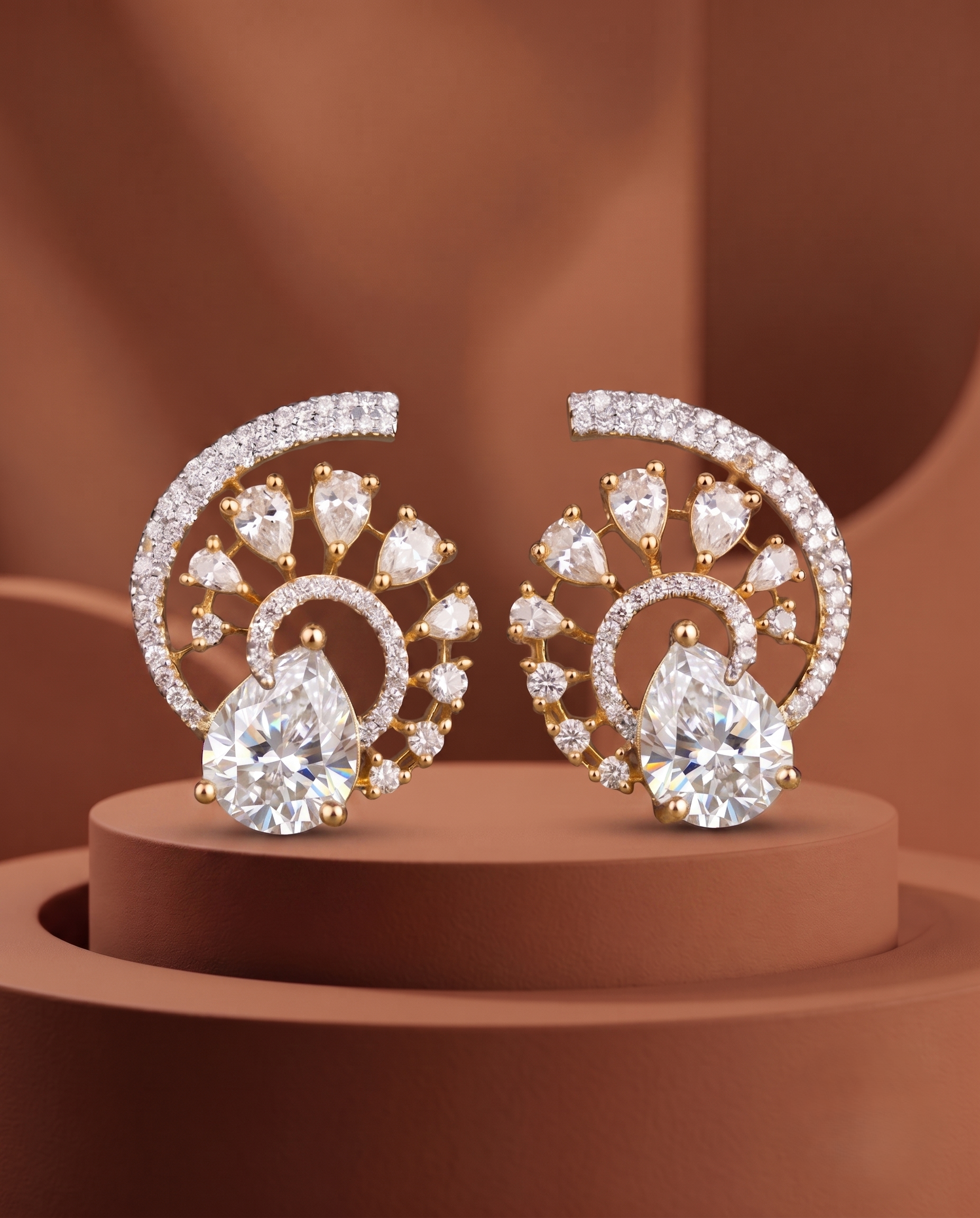 Premium Regal Spiral Drops – Gold Polish Diamond Statement Earrings