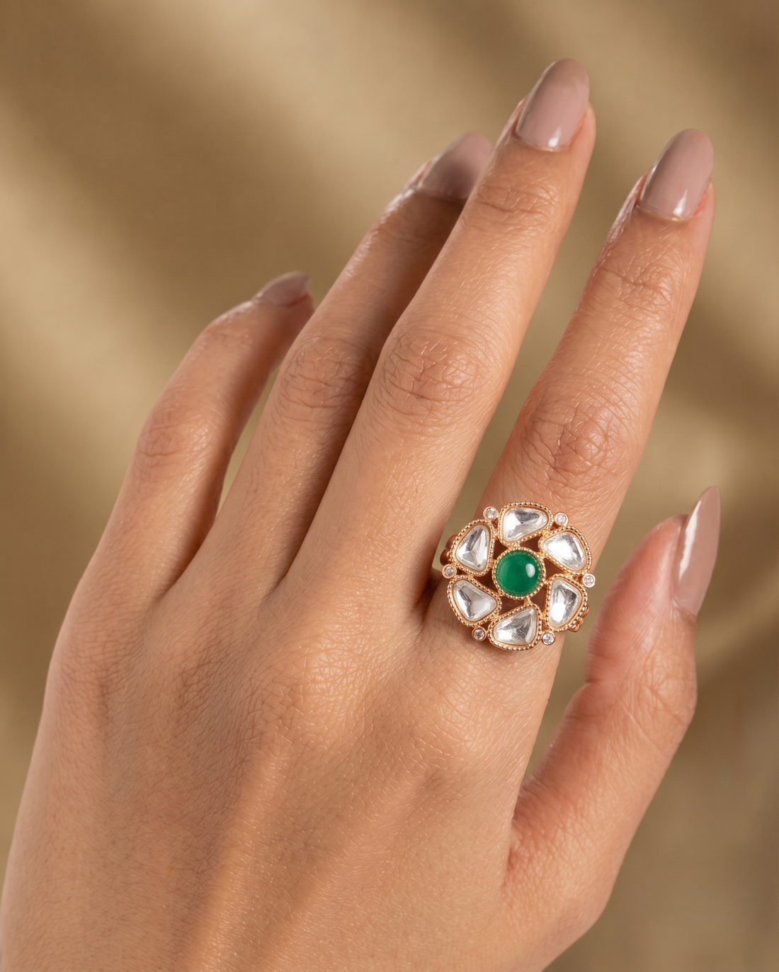 Zarika Emerald Kundan Ring for Women | Adjustable Floral Statement Ring