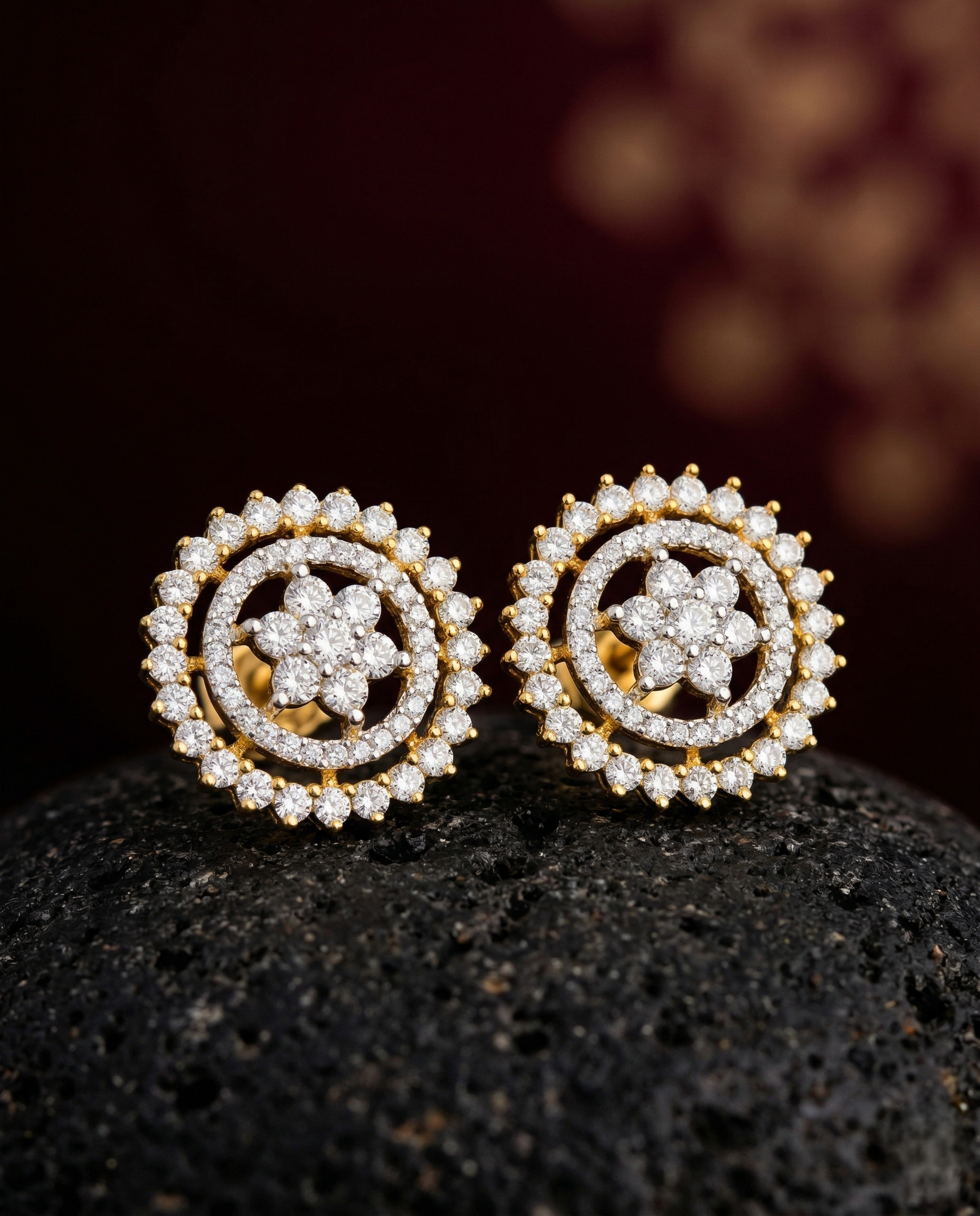 Premium Floral Halo Studs – Gold Polish Diamond Circle Earrings