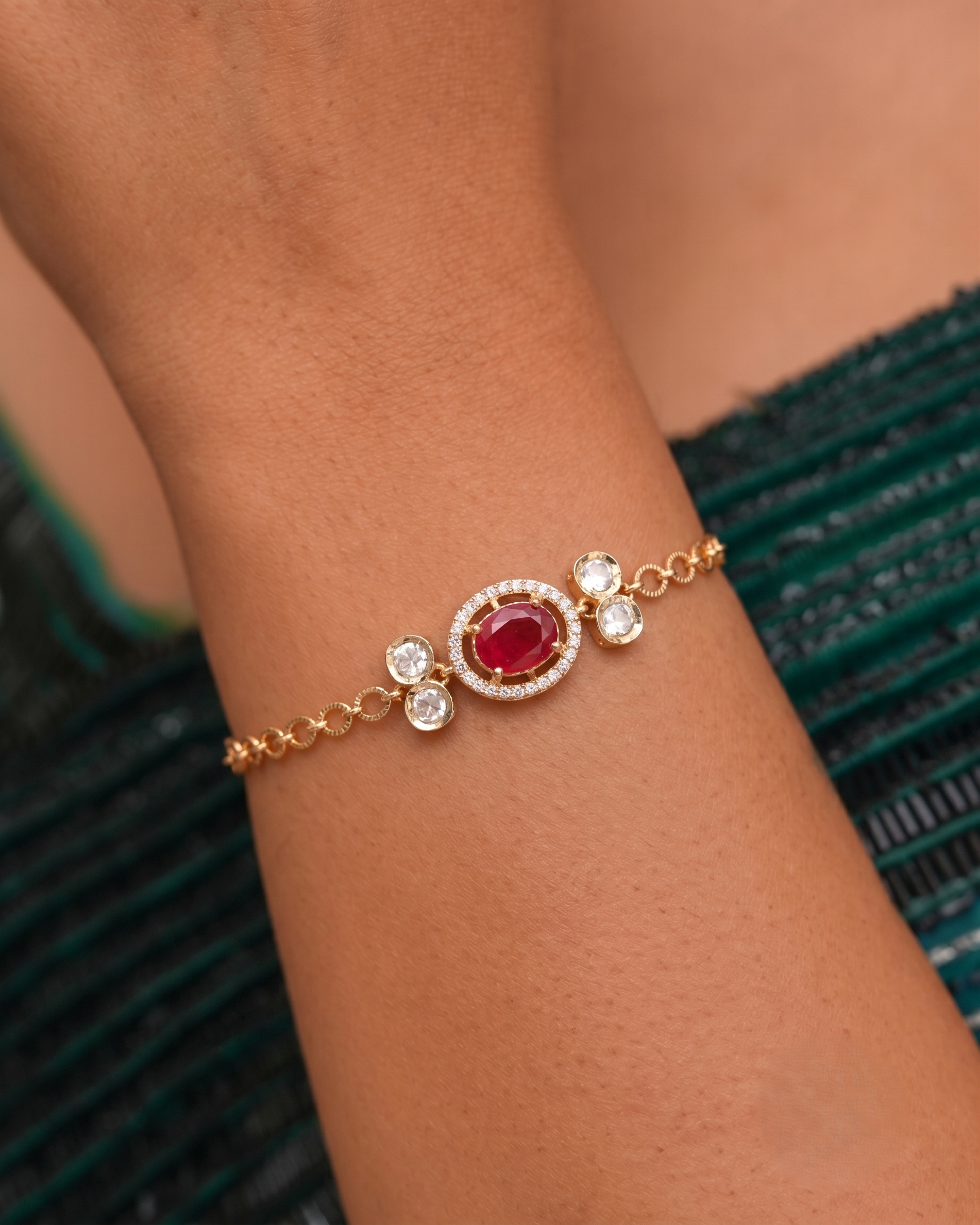 Luxury Ruby Halo Kundan Stone Hand openable  Bracelet for Women